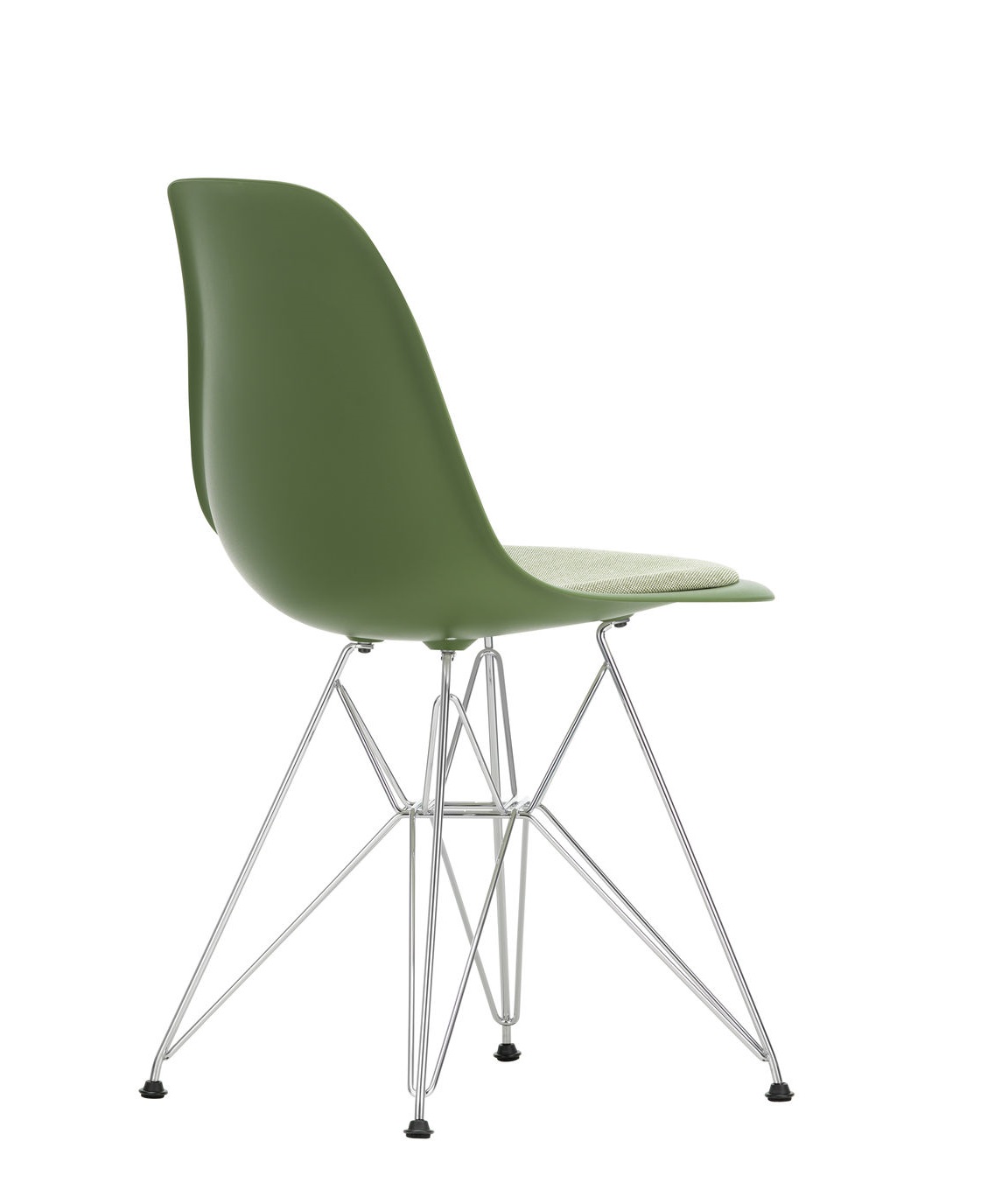 Grüner Eames DSR Stuhl mit Sitzpolster von Vitra, Chromgestell, moderner Designklassiker für Esszimmer und Büro.