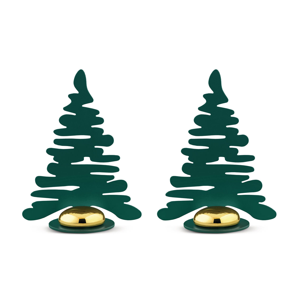 Zwei grüne Barkplace Tree Tischkartenhalter für Weihnachten mit goldenem Sockel.