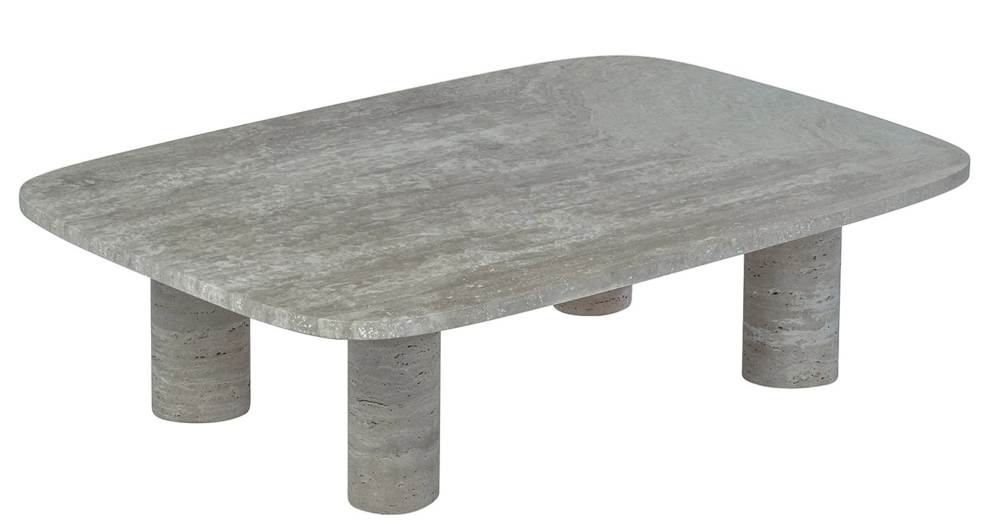 Blomus Volos Couchtisch aus Travertin, rechteckig mit abgerundeten Ecken und zylindrischen Beinen, modernes Wohnzimmer Möbel.