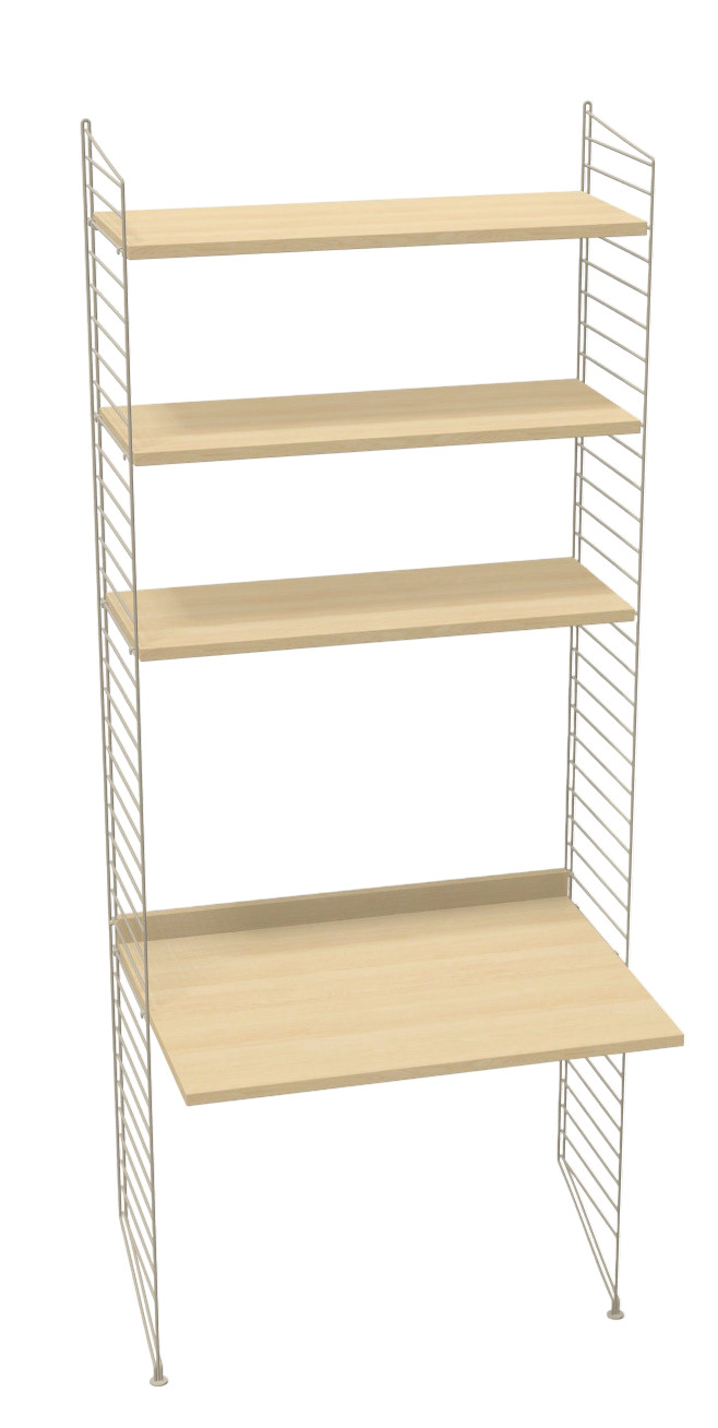 Arbeitsplatz KONFIGURATIONEN W1 String Furniture mit hellem Holzschreibtisch und drei Regalböden an einem weißen Drahtgestell.