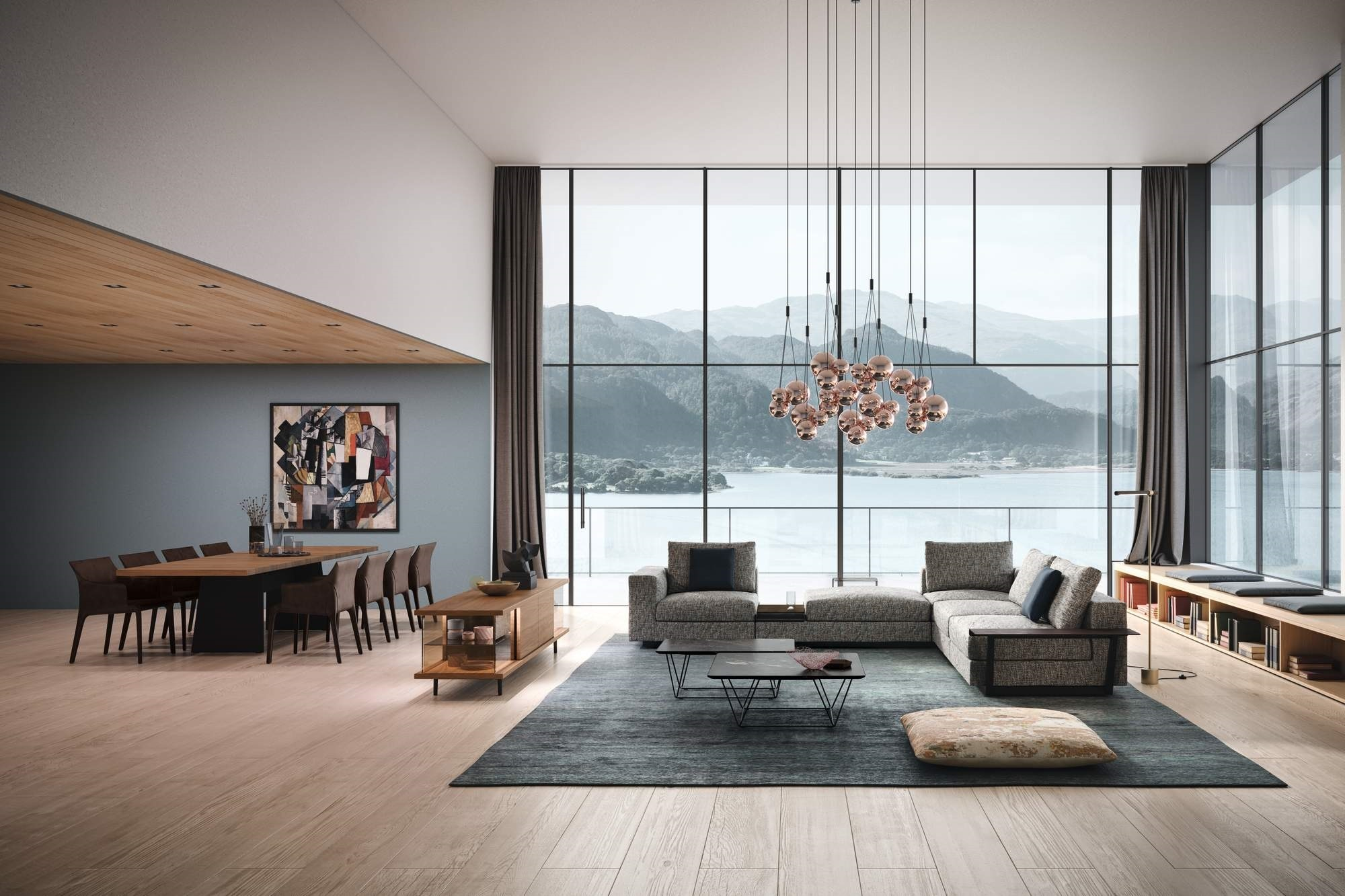 Moderner Wohnraum mit Walter Knoll Couchtisch, Sofa, Esstisch und großem Fenster.