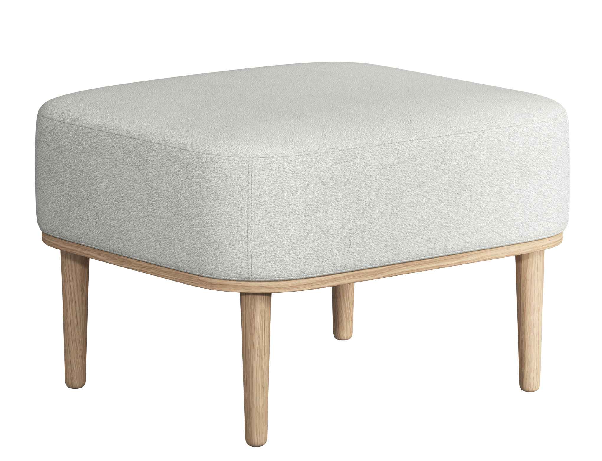 Serena Pouf Ottoman mit hellem Stoffbezug und Beinen aus Eiche natur. Hocker für Wohnzimmer.