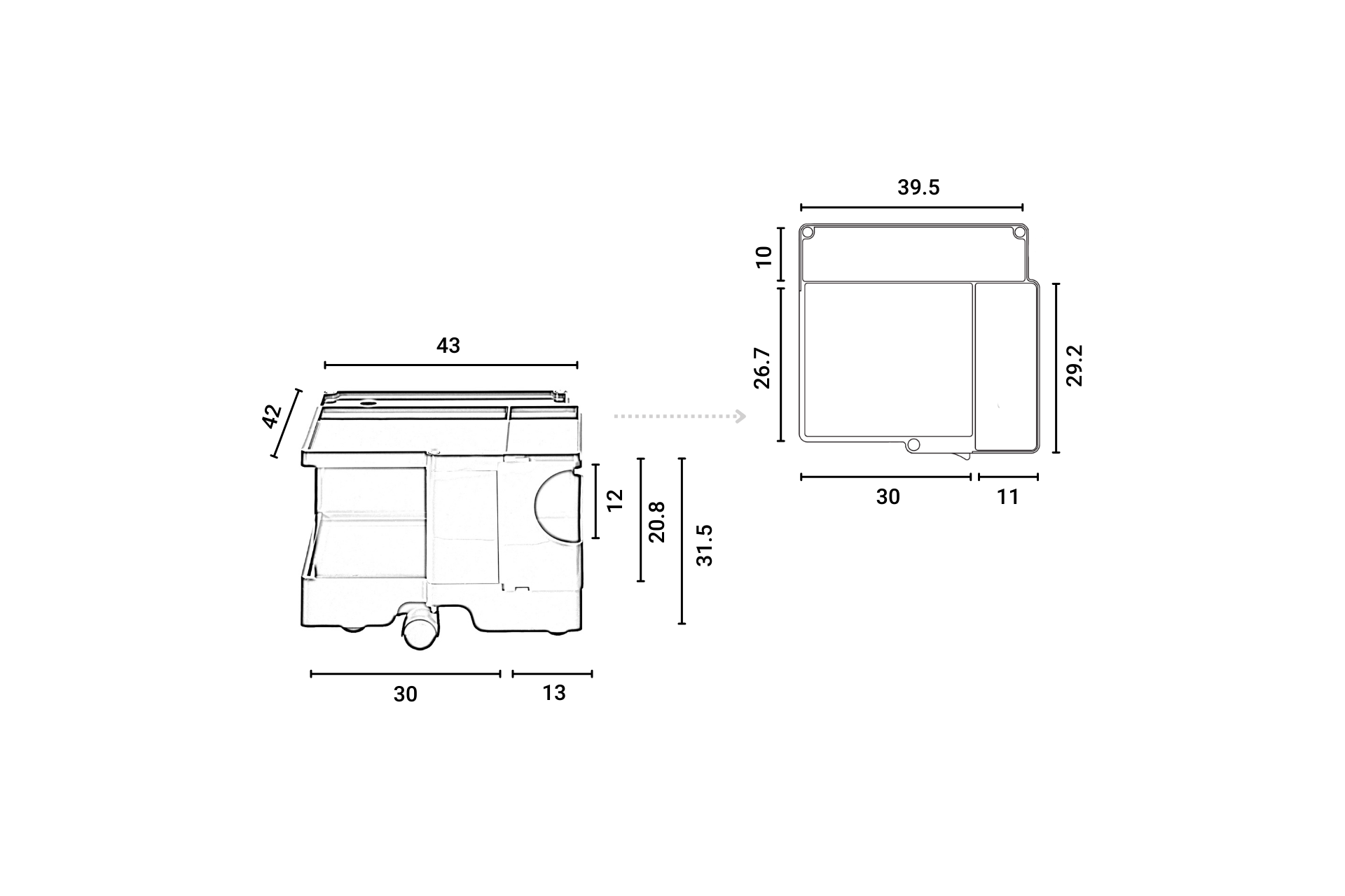 Technische Zeichnung des Boby B10 Rollcontainers B-Line mit Maßangaben für E-Commerce.