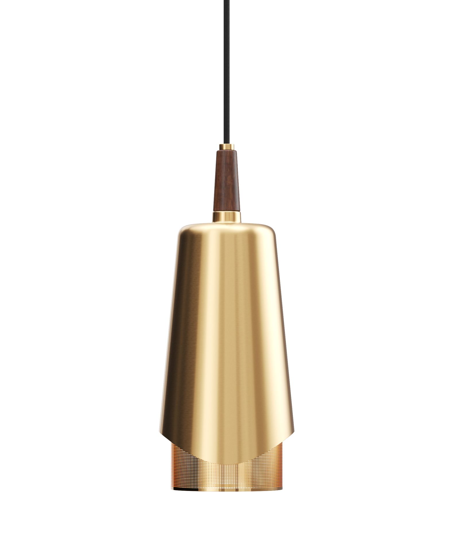 Nahaufnahme der modernen Audo Umanoff Hängeleuchte mit goldenem Lampenschirm und Holzdetails, freigestellt vor weißem Hintergrund.