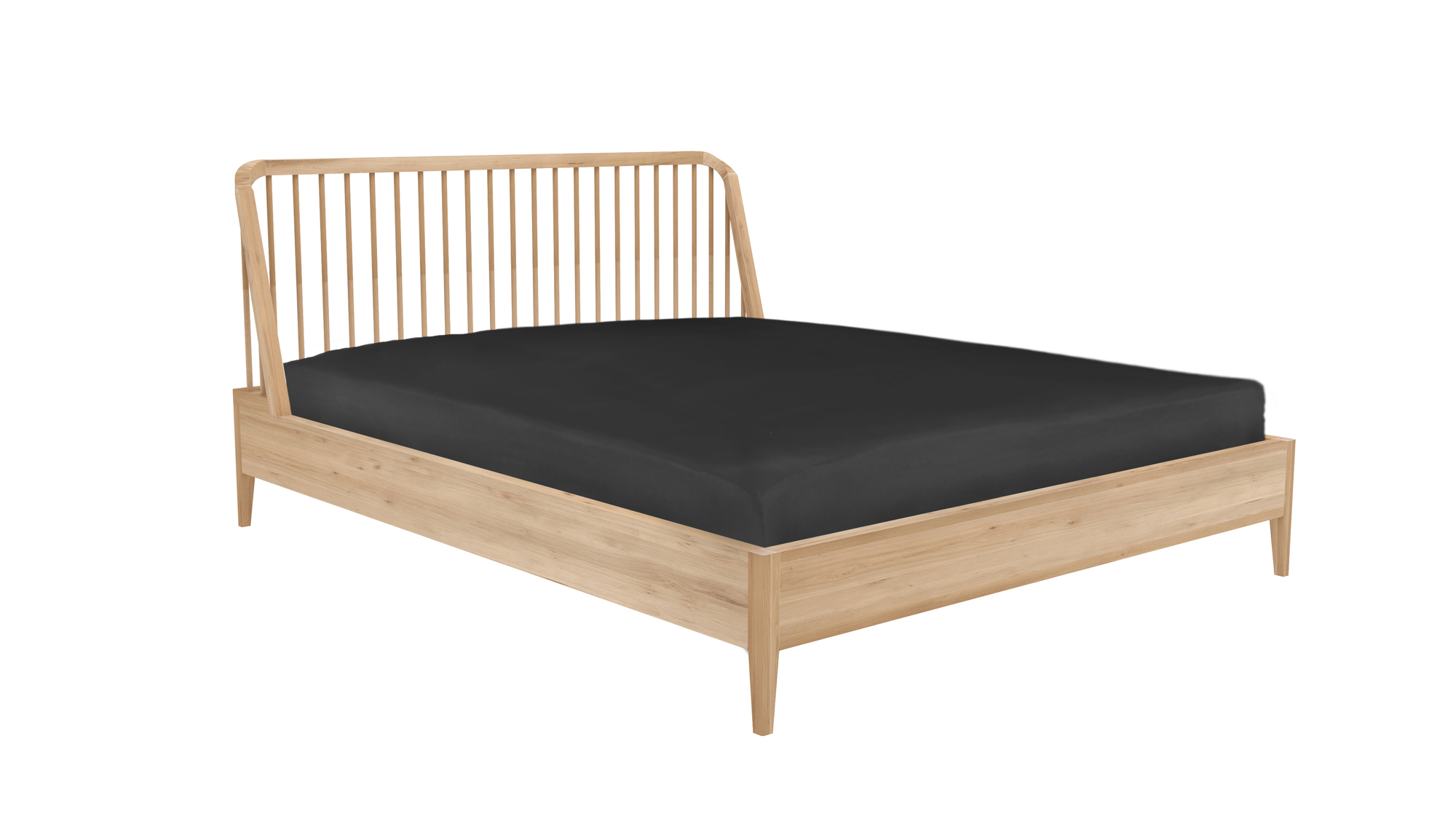 Ethnicraft Spindle Bett aus Eiche, 160x200 cm, mit Lattenrost und schwarzem Bettlaken. Modernes Design für Schlafzimmer.