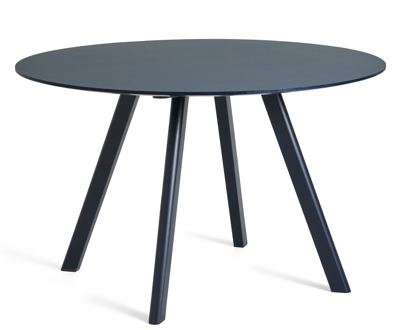 Blauer Copenhague Table CPH 25 Tisch von Hay, runder Esstisch mit drei Beinen.