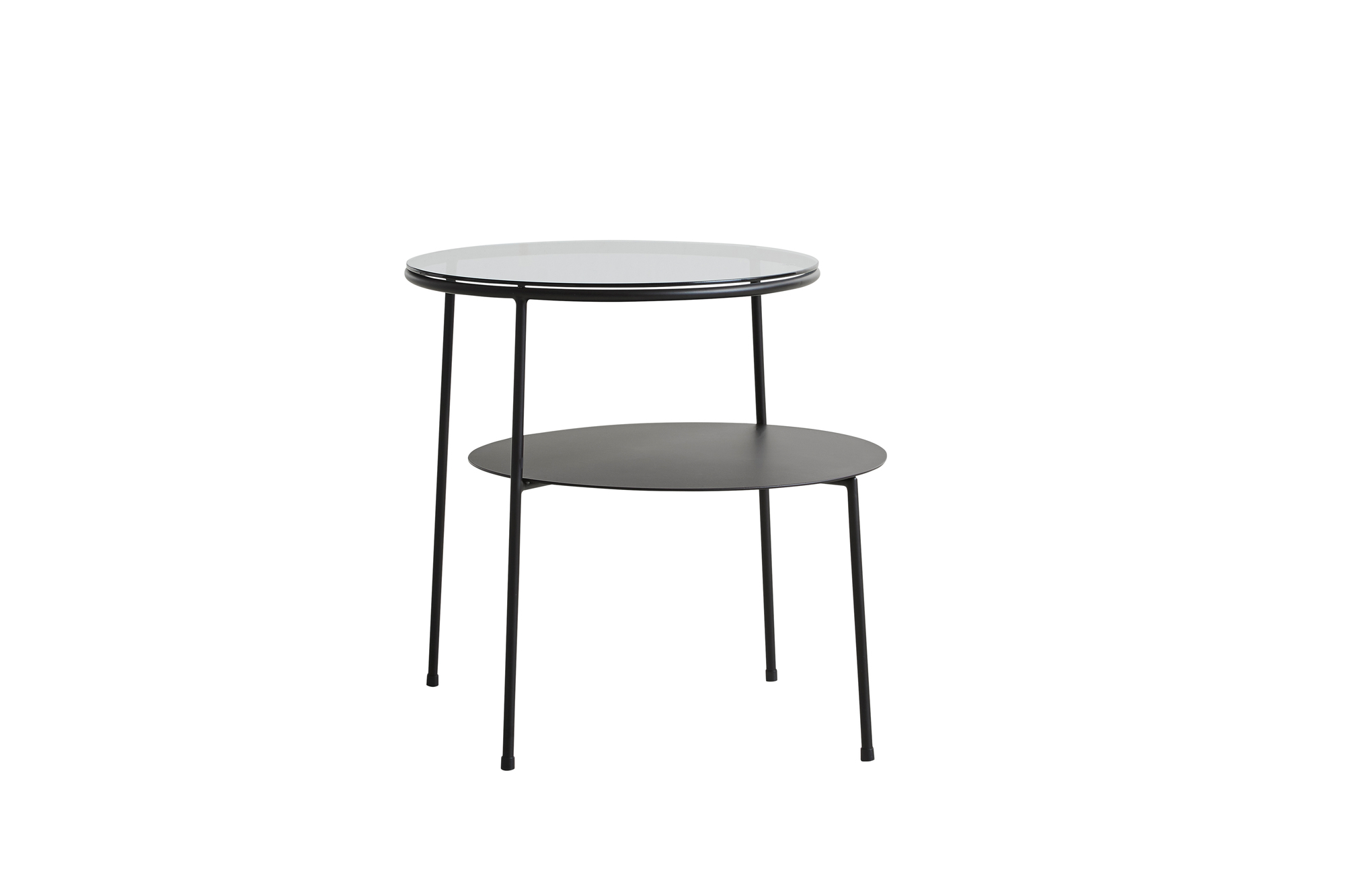 Schwarzer Duo Beistelltisch von Woud mit dunklem Rauchglas und zwei Ablageflächen. Moderner Couchtisch.