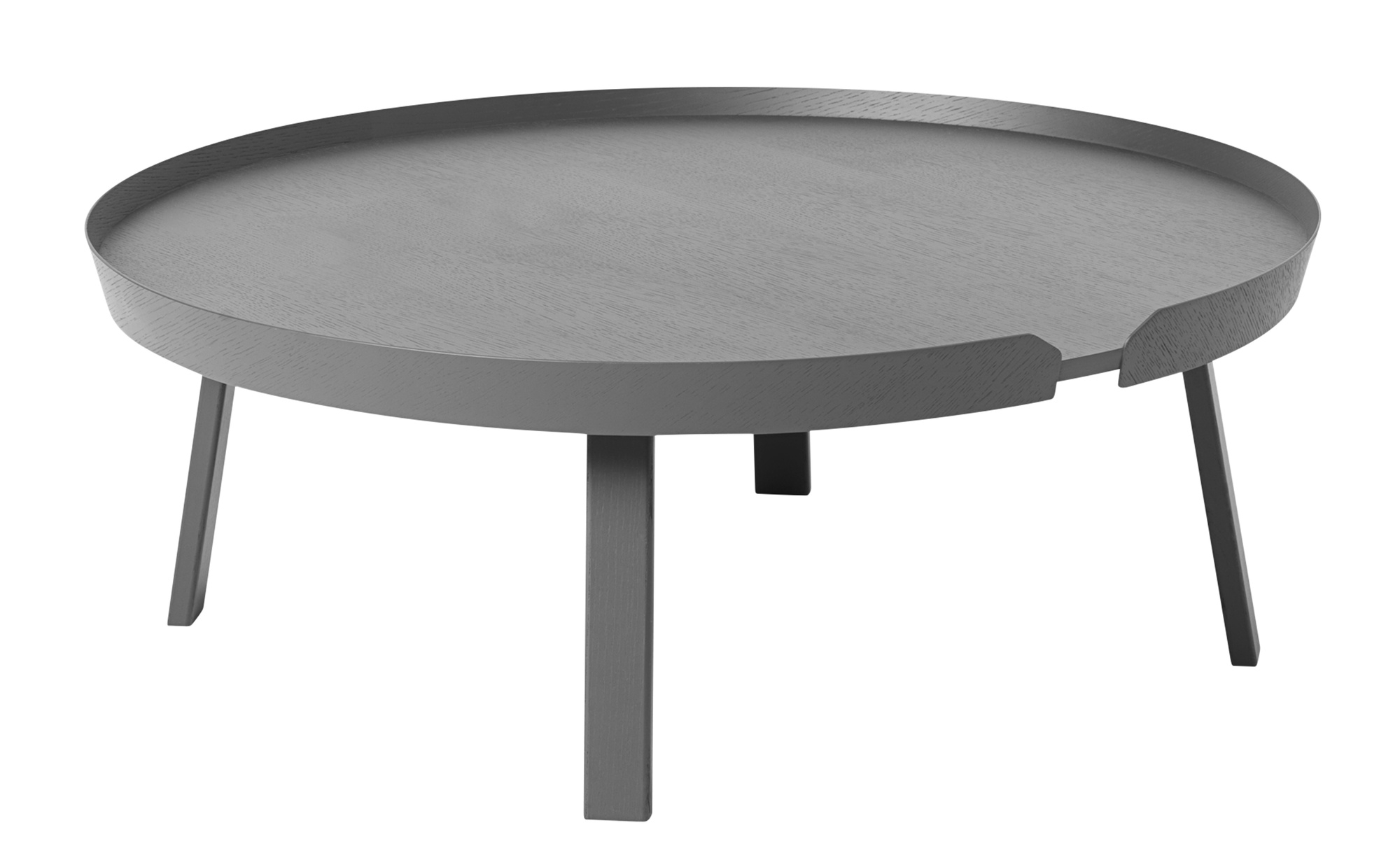 Grauer Muuto Around Coffee Table, extra großer runder Couchtisch aus Holz mit drei Beinen.