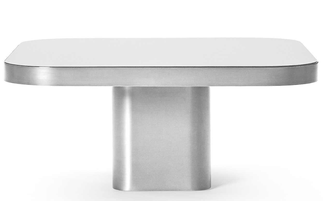 ClassiCon Bow Coffee Table No. 3: Moderner Couchtisch mit weißer Tischplatte und silbernem Metallfuß.