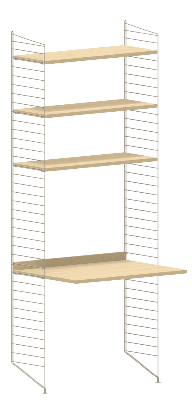 Arbeitsplatz KONFIGURATIONEN W1 String Furniture mit hellem Holzschreibtisch und Regalböden an einem filigranen Metallgestell.