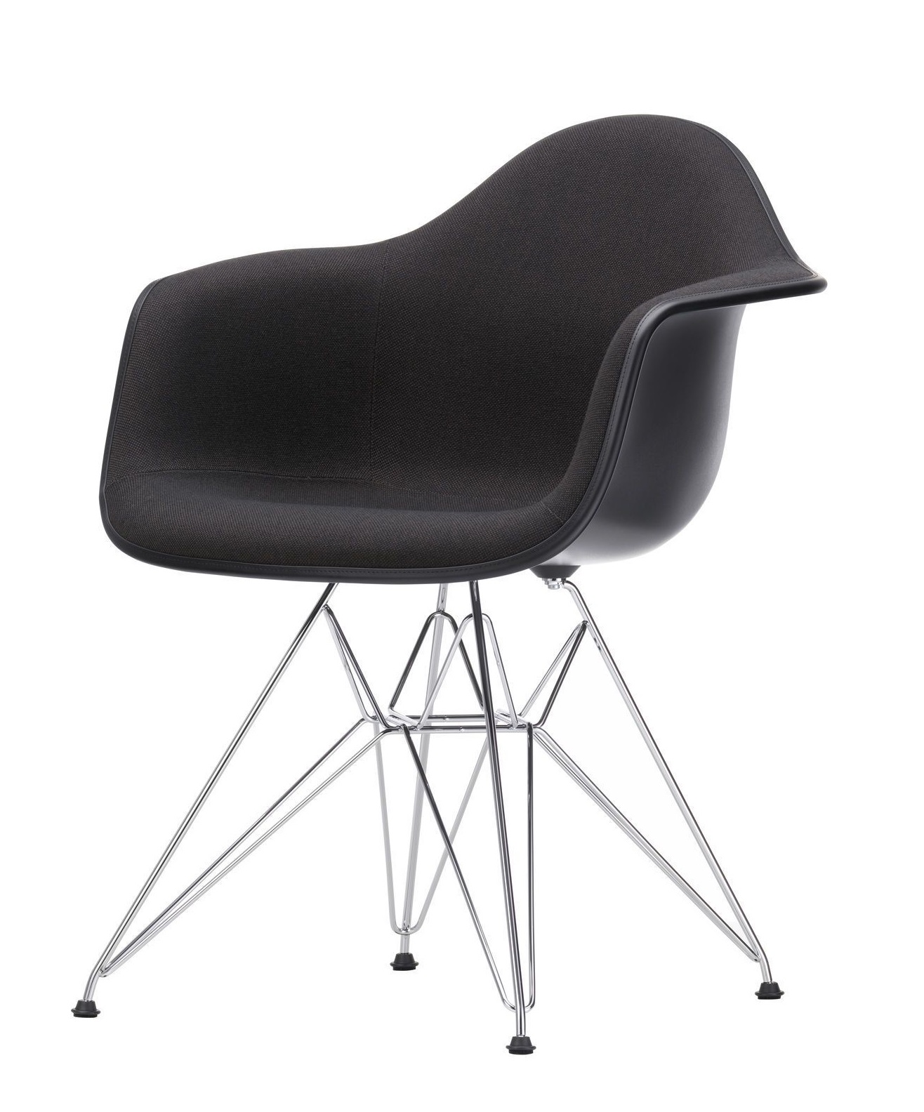 Schwarzer Eames Plastic Arm Chair DAR von Vitra mit verchromtem Eiffelgestell und Vollpolsterung.