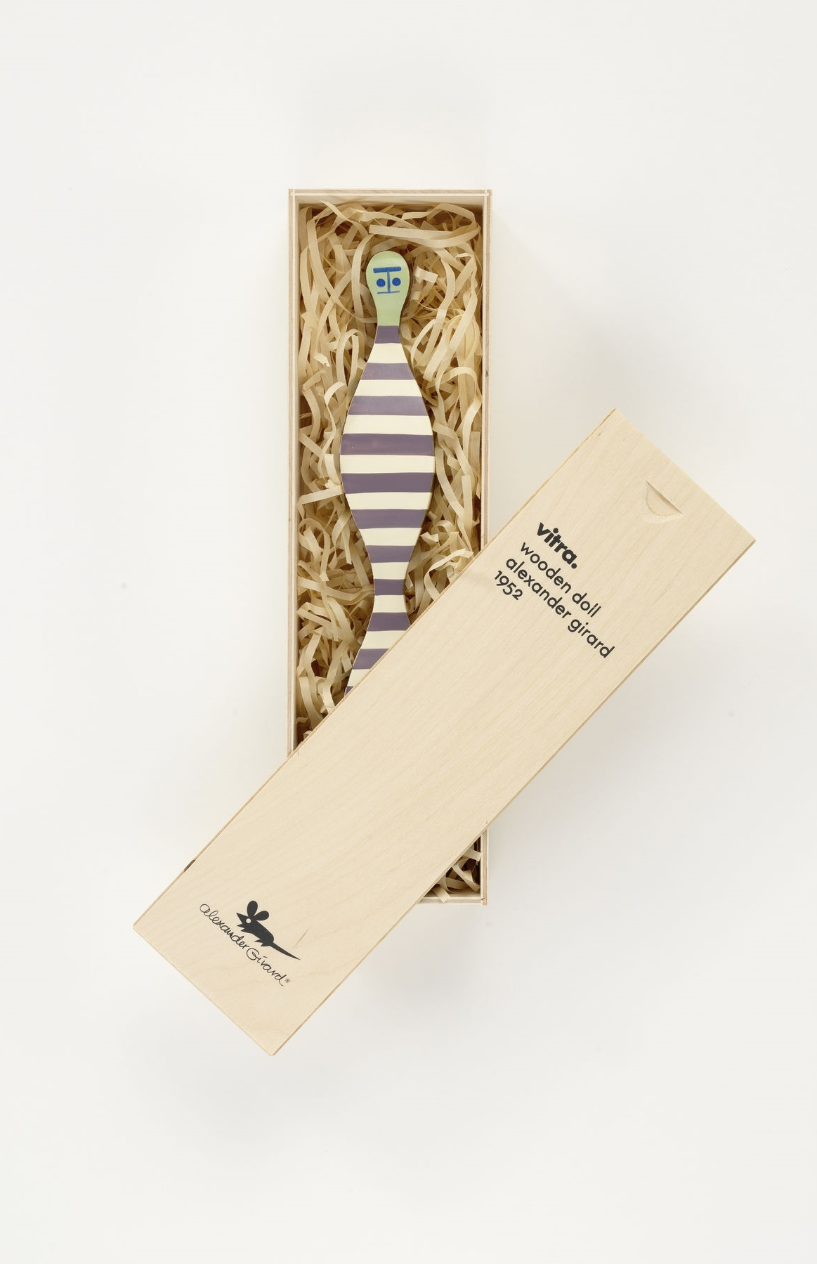 Vitra Wooden Doll No. 16 in Geschenkbox, dekorative Holzfigur mit Streifen und Gesicht.