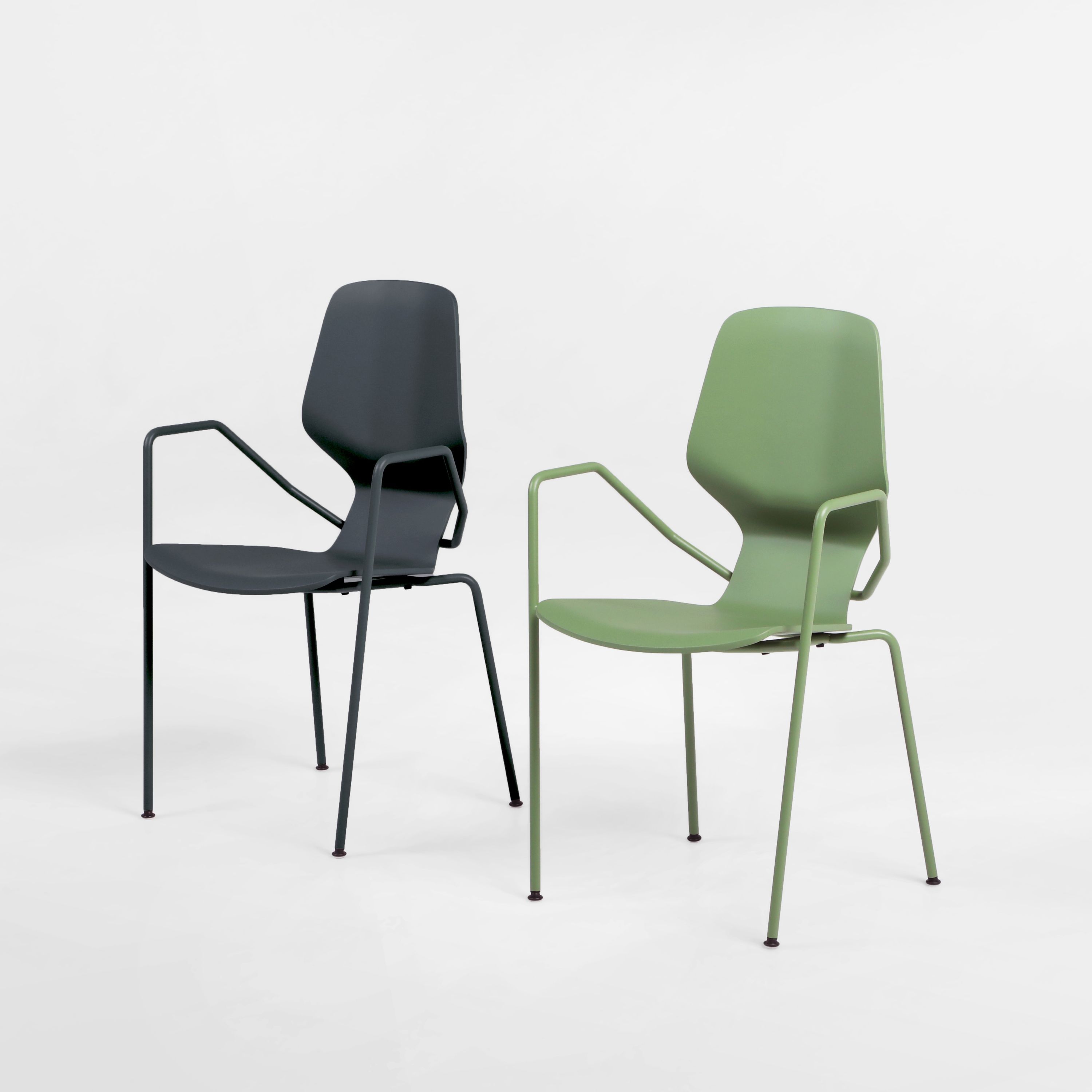 Oblikant Stuhl mit Metallbeinen in Grau und Grün, modernes Design für Esszimmer und Büro.