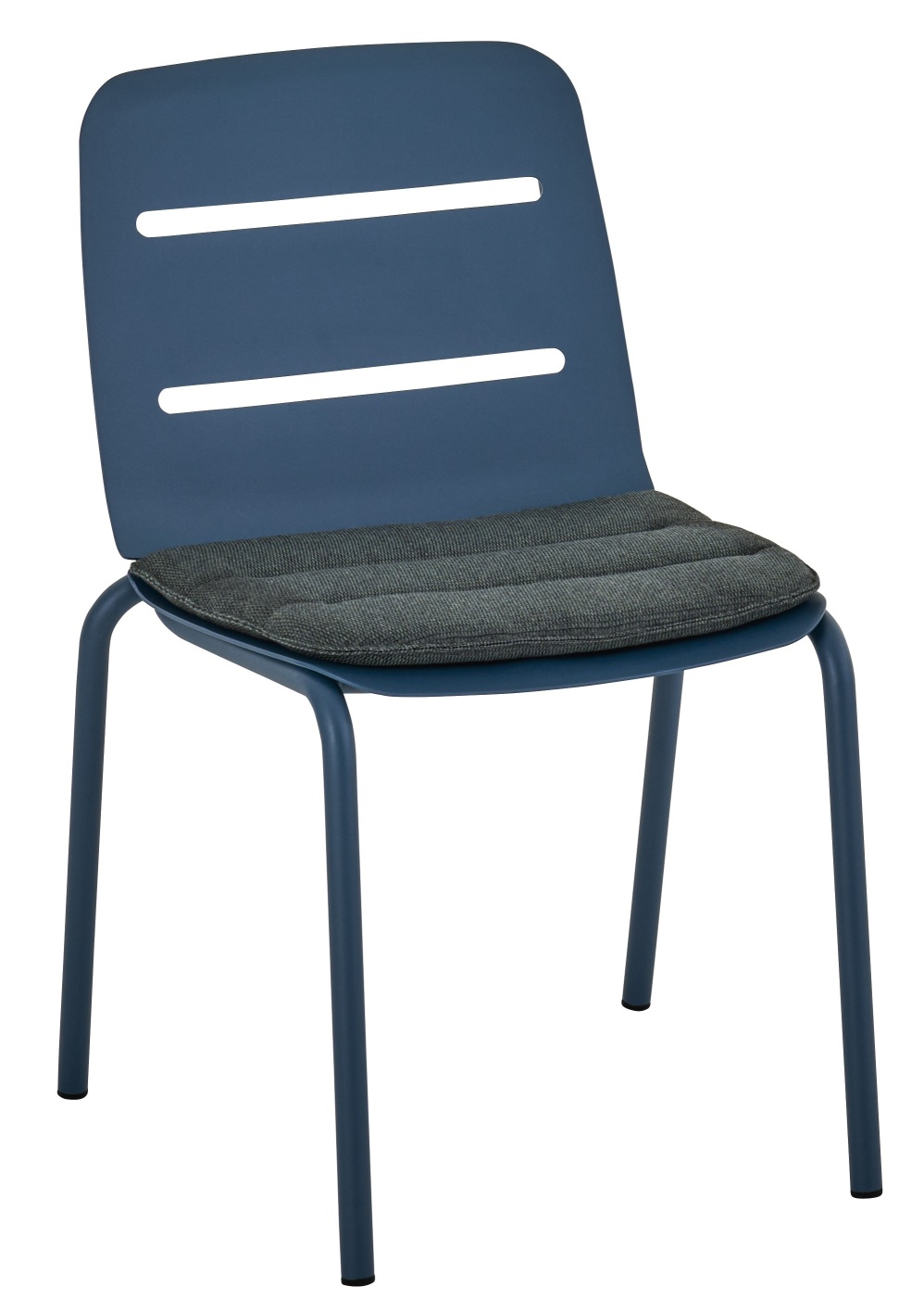 Blauer Vapio Stuhl von Weishäupl für den Außenbereich mit grauem Sitzkissen, Gartenstuhl aus Metall.