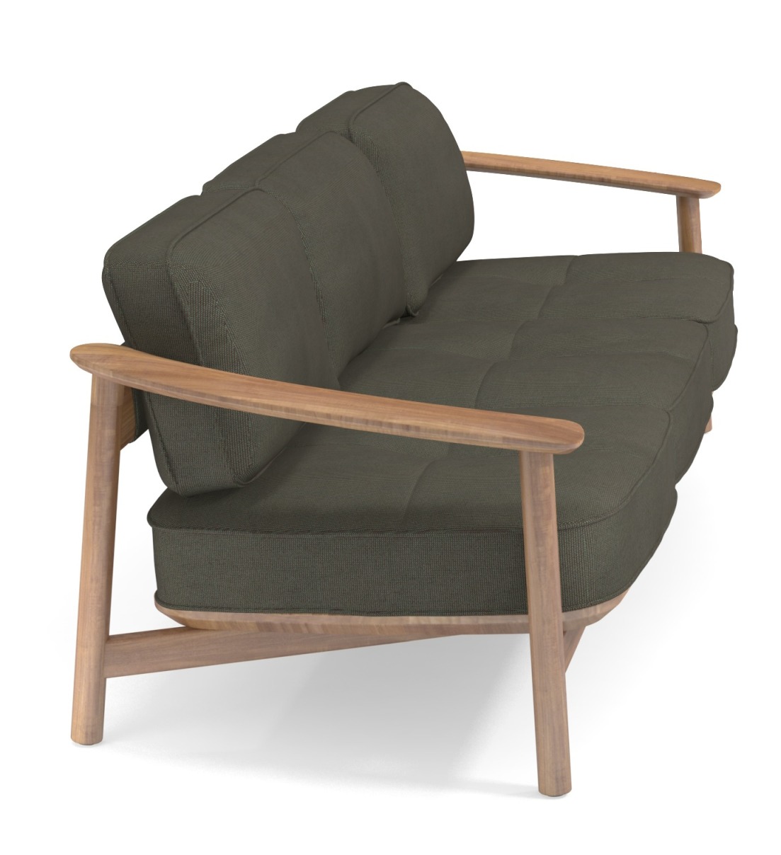 Emu Twins Outdoor Sofa mit olivgrünen Polstern und hellem Holzrahmen, modernes Design für Garten und Terrasse.