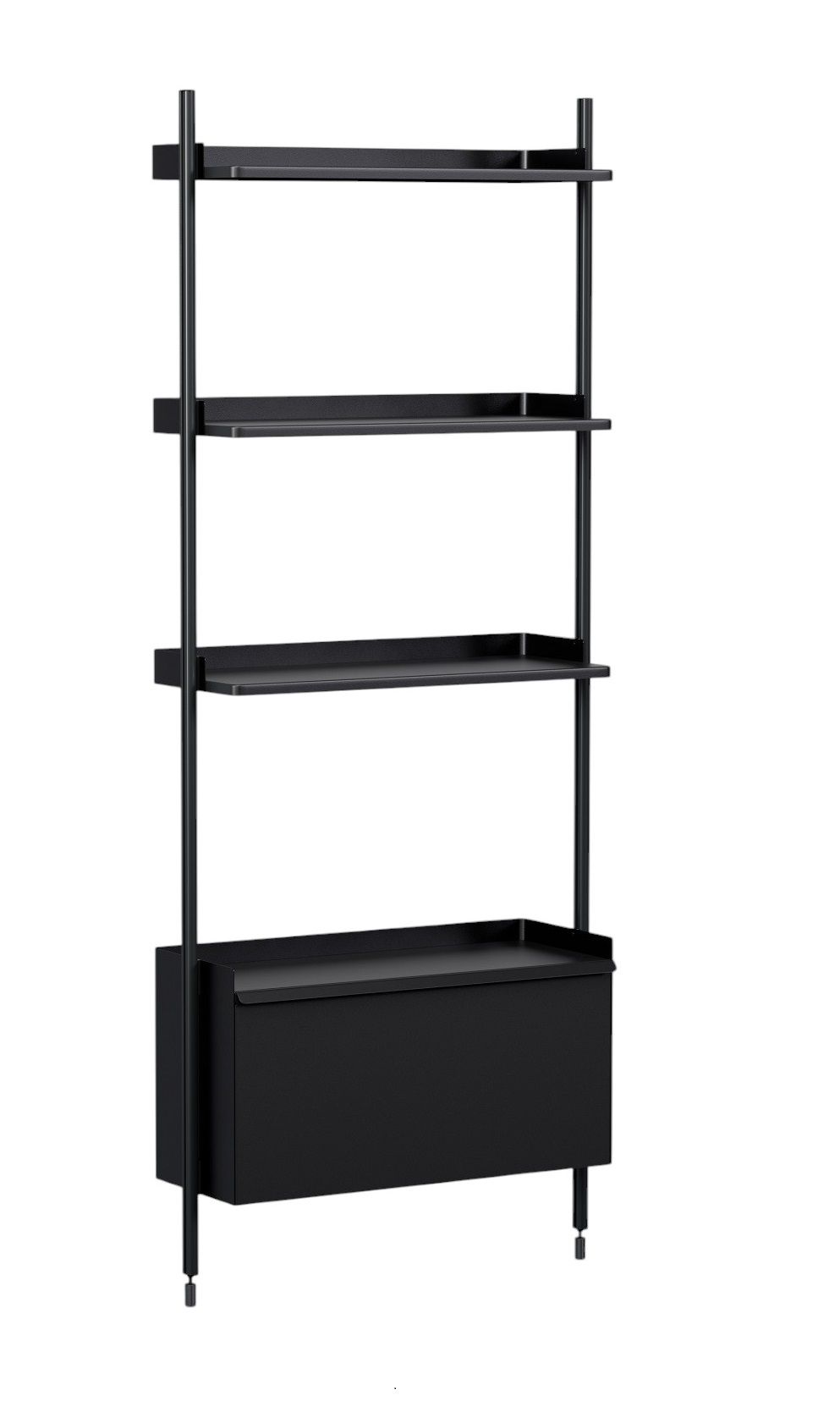 Schwarzes Hay Pier System Regal mit vier Regalböden und einem Schrankmodul.