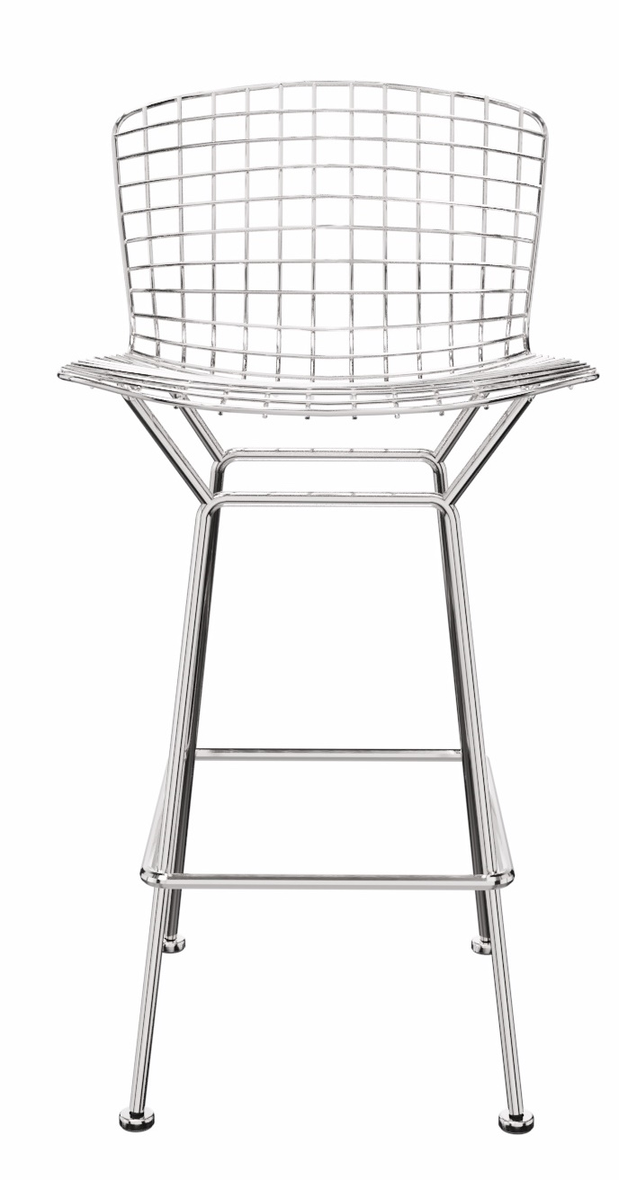 Bertoia Barhocker von Knoll International, verchromt, mit Drahtgitter-Sitzfläche. Design-Barstuhl für moderne Küchen.