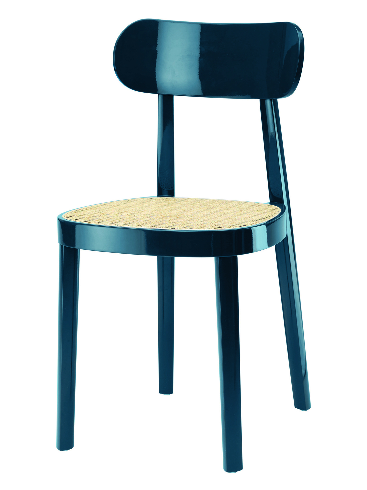 Blauer Holzstuhl 118 von Thonet mit Wiener Geflecht Sitzfläche im Hochglanz-Look.