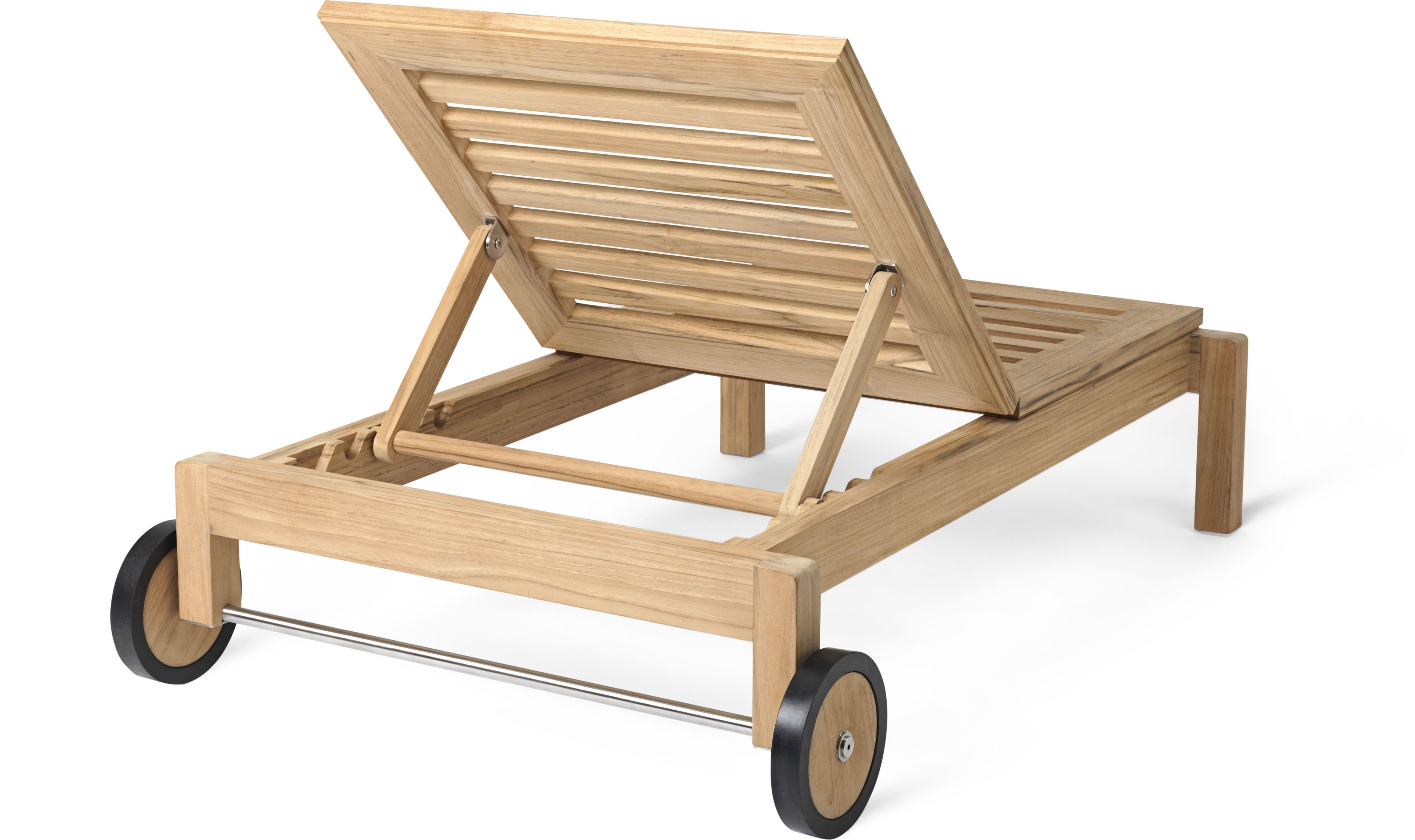 AH604 Teak Gartenliege von Carl Hansen & Søn, Outdoor Liege mit Rädern und verstellbarer Rückenlehne.
