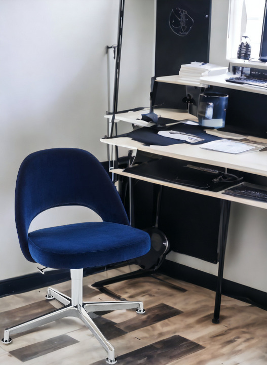 Blauer Saarinen Konferenzstuhl mit Drehfuß ohne Armlehne, ideal für Büro und Homeoffice.