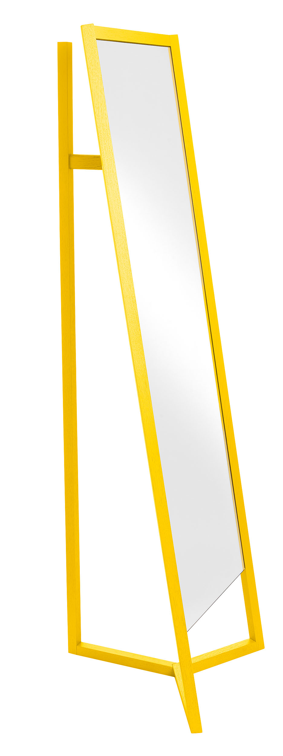 Schönbuch Club Standspiegel mit gelbem Holzrahmen und integrierter Garderobe, modernes Design für Flur und Ankleidezimmer.
