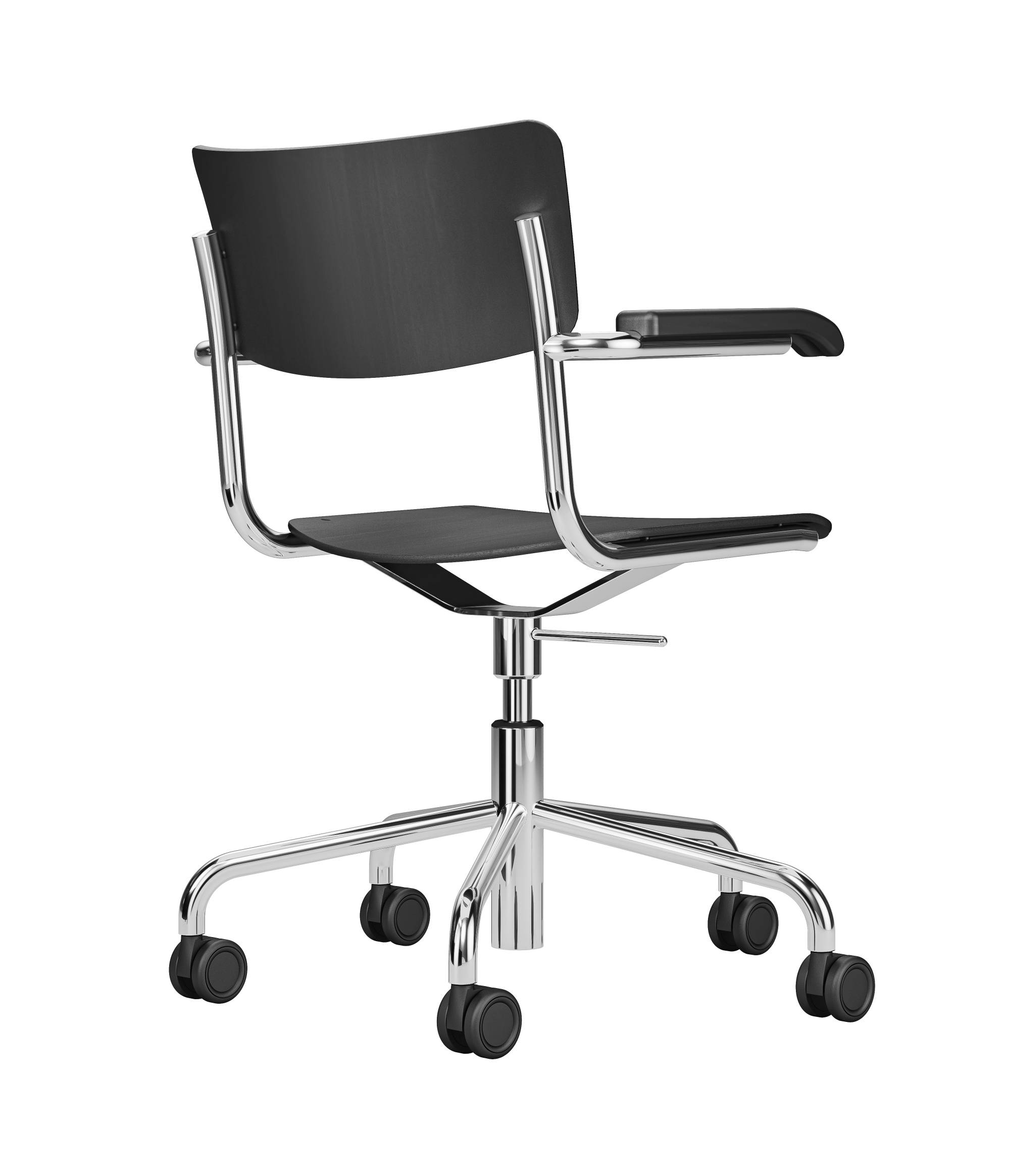 Rückansicht des Thonet S 43 FDR Drehstuhls mit Armlehnen, schwarzem Holz und Chromgestell.