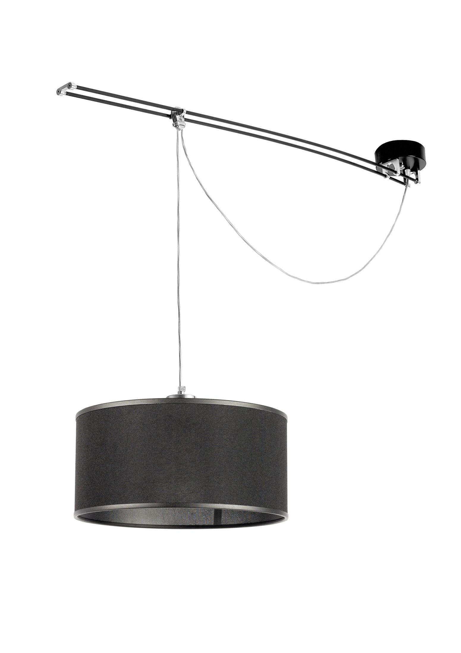 Moove Pendelleuchte Lumina: Graue Hängelampe mit schwarzer Aufhängung und Stoffschirm für Wohnzimmer und Esszimmer.