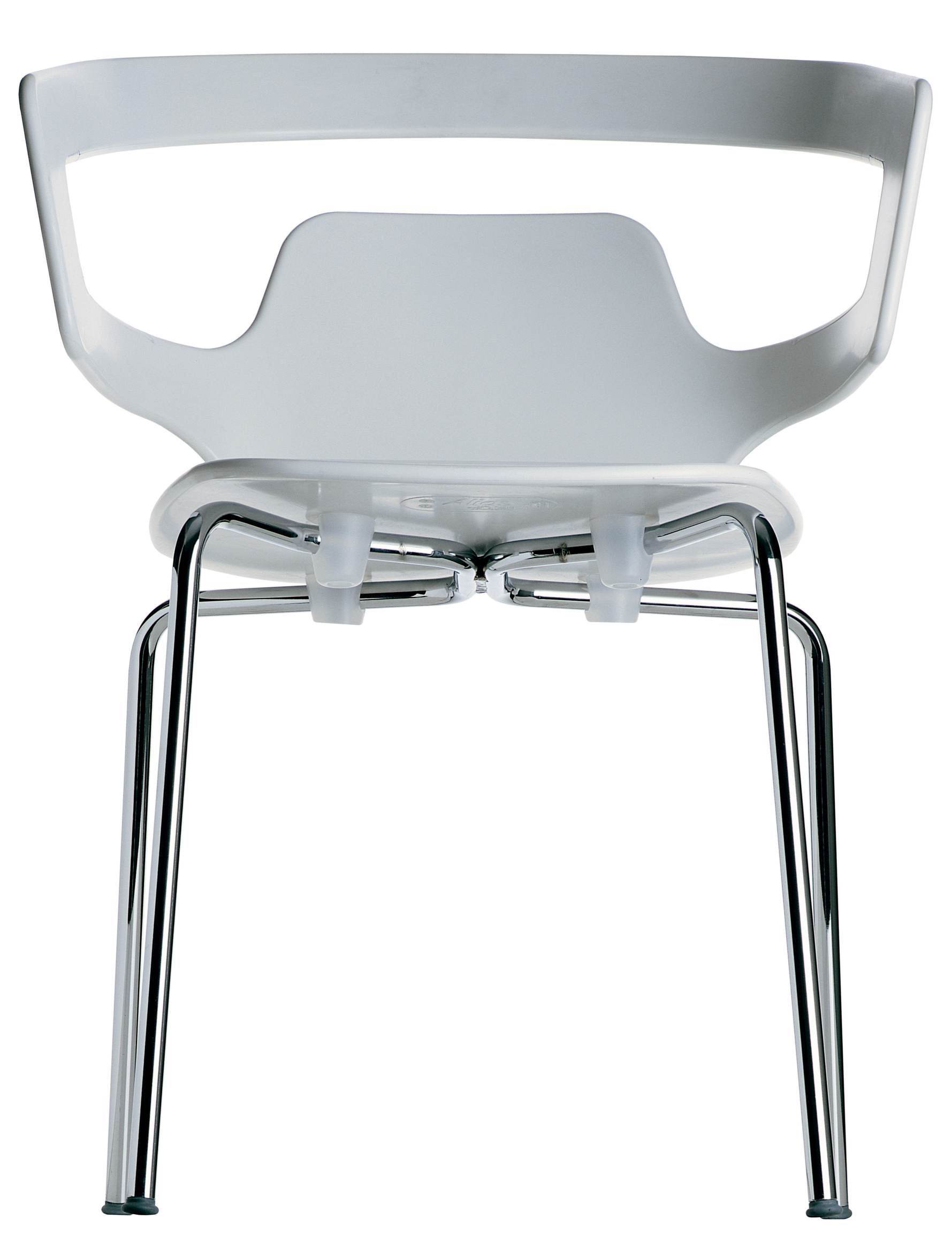 Ansicht von unten des weißen Segesta Chair 500 Stuhls mit glänzenden Chrombeinen für Esszimmer und Büro.