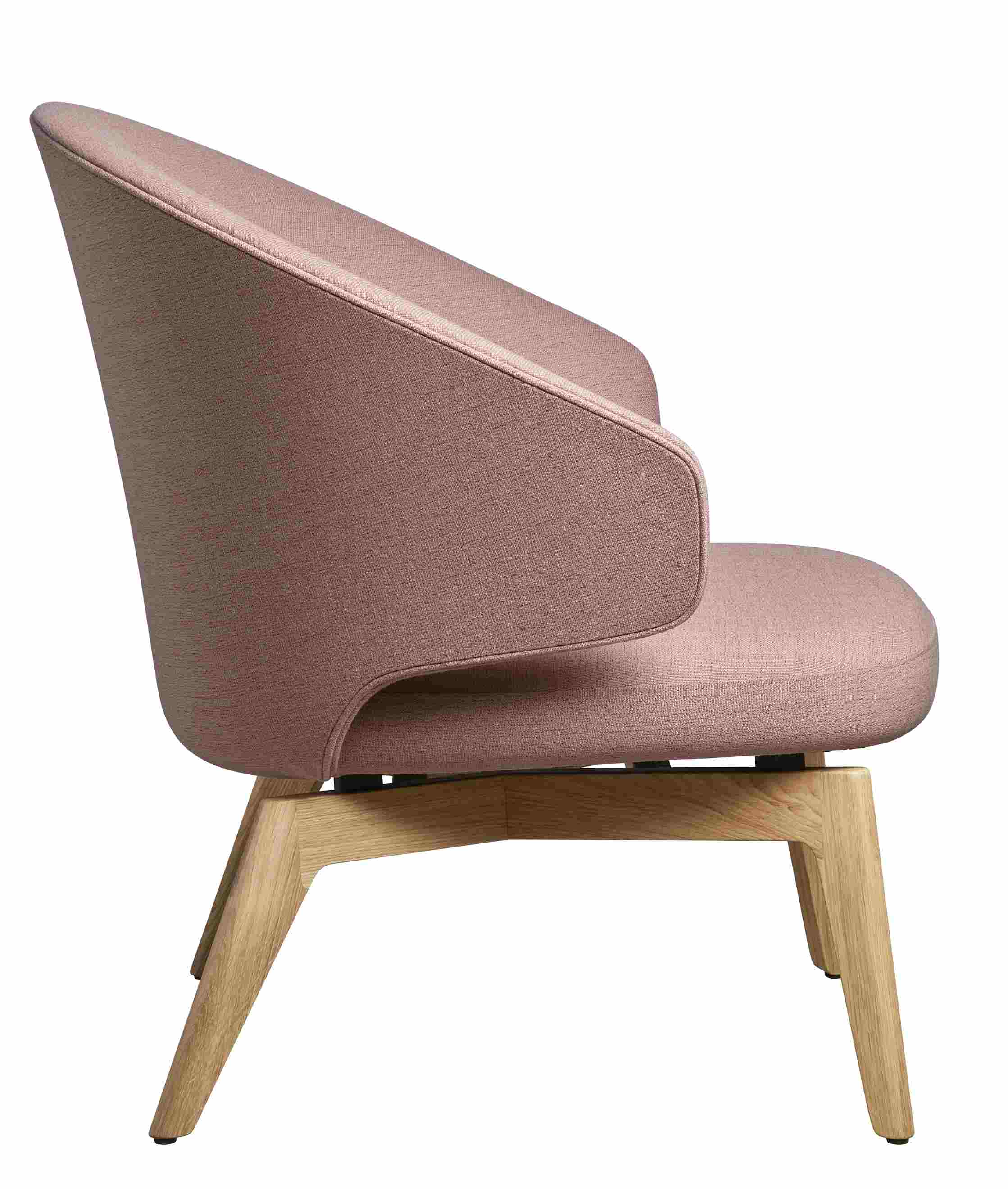 Fritz Hansen Let Sessel in Rosa mit Holzbeinen, seitliche Ansicht, moderner skandinavischer Design Sessel.