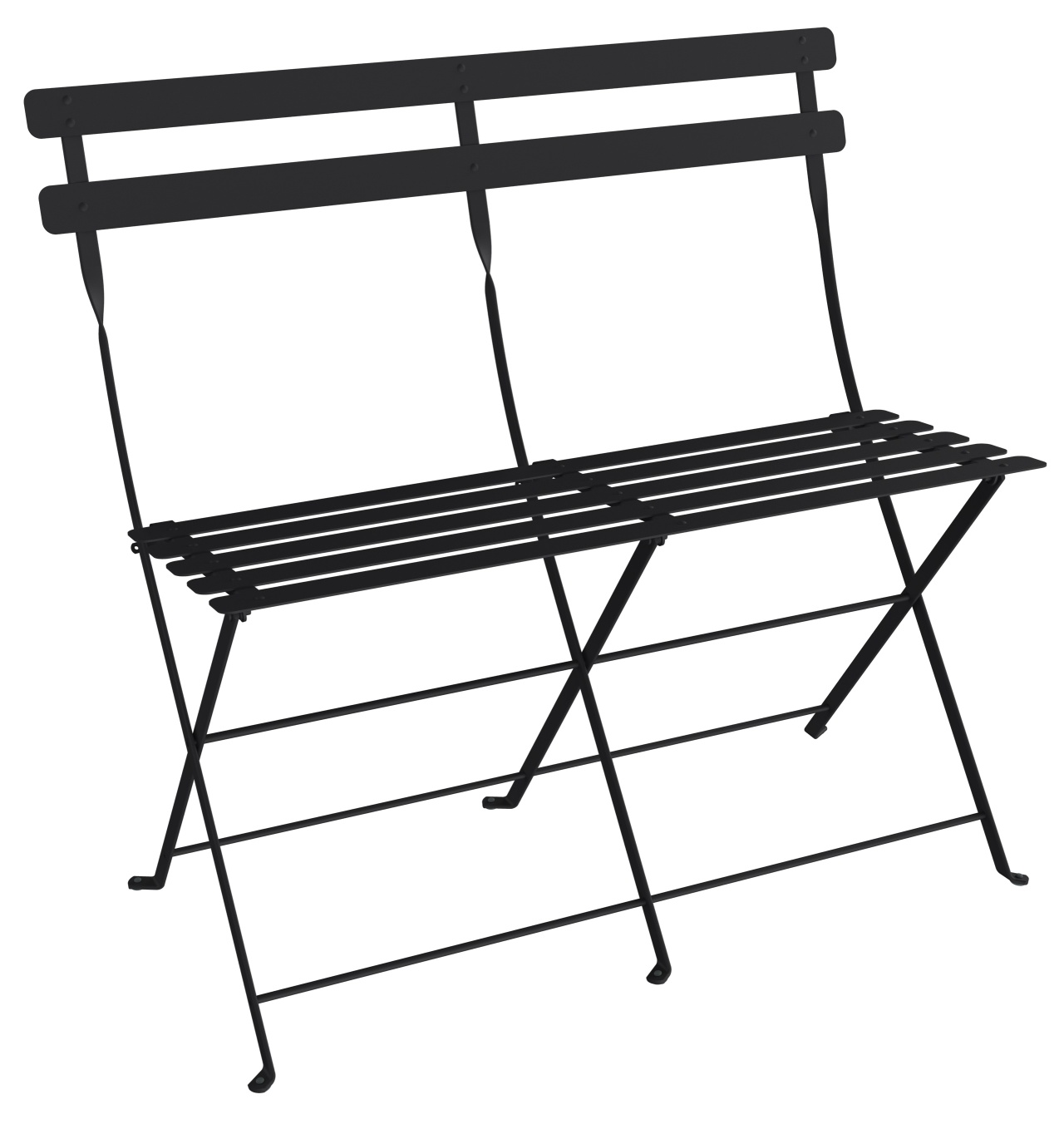 Schwarze Bistro 2-Sitzer Klappbank von Fermob für den Außenbereich, ideal für Garten, Balkon oder Terrasse.