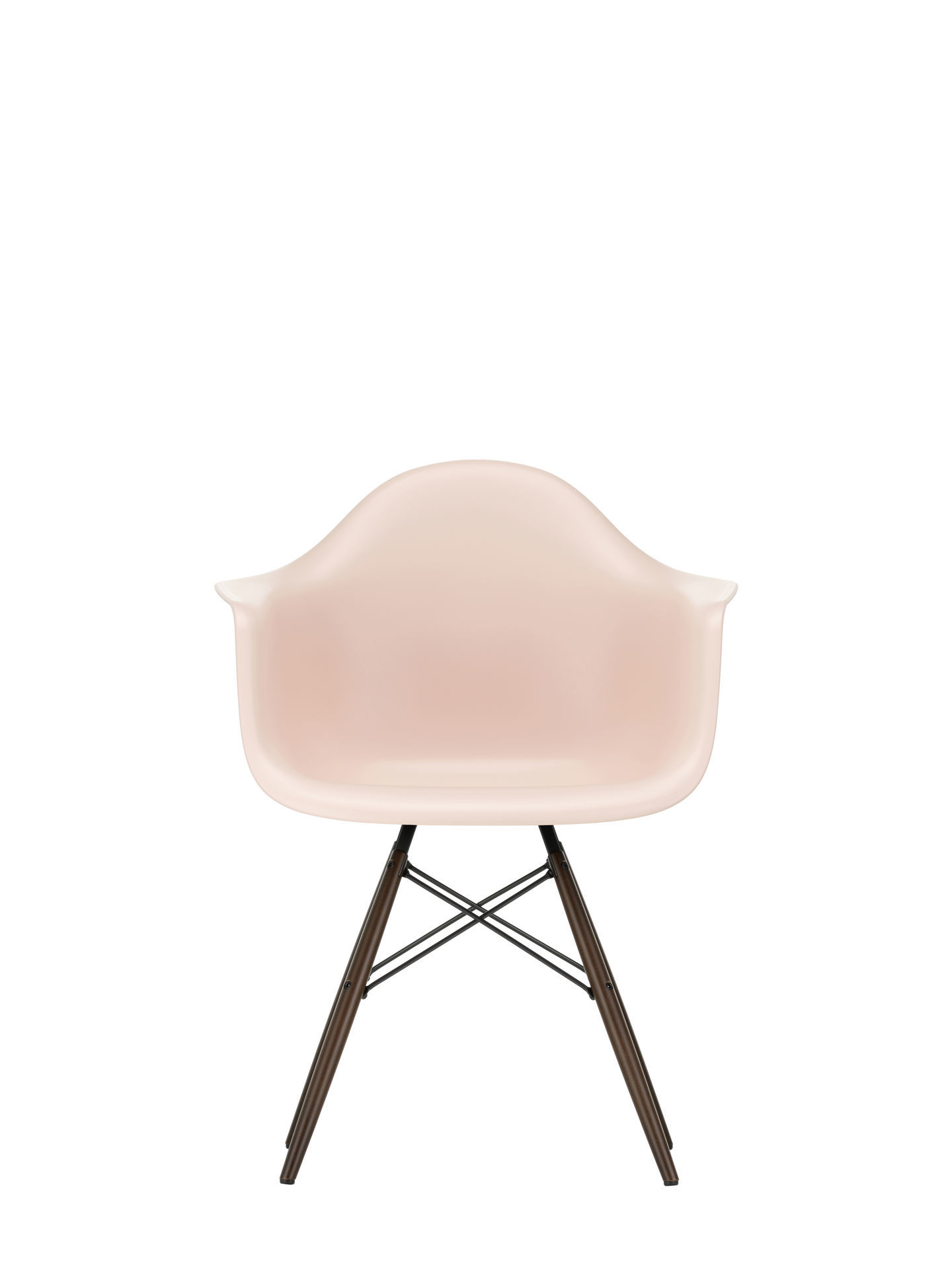 Vitra Eames Plastic Arm Chair DAW Stuhl, Ahorn-Gestell gelblich, Sitzschale Cotton white, Frontansicht.