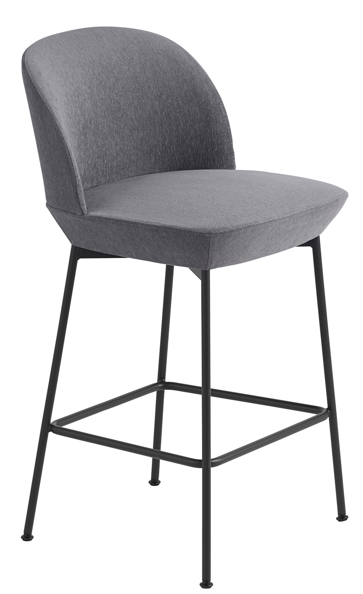 Grauer Muuto Oslo Counter Stool Barhocker mit schwarzem Metallgestell, Höhe 65 cm.