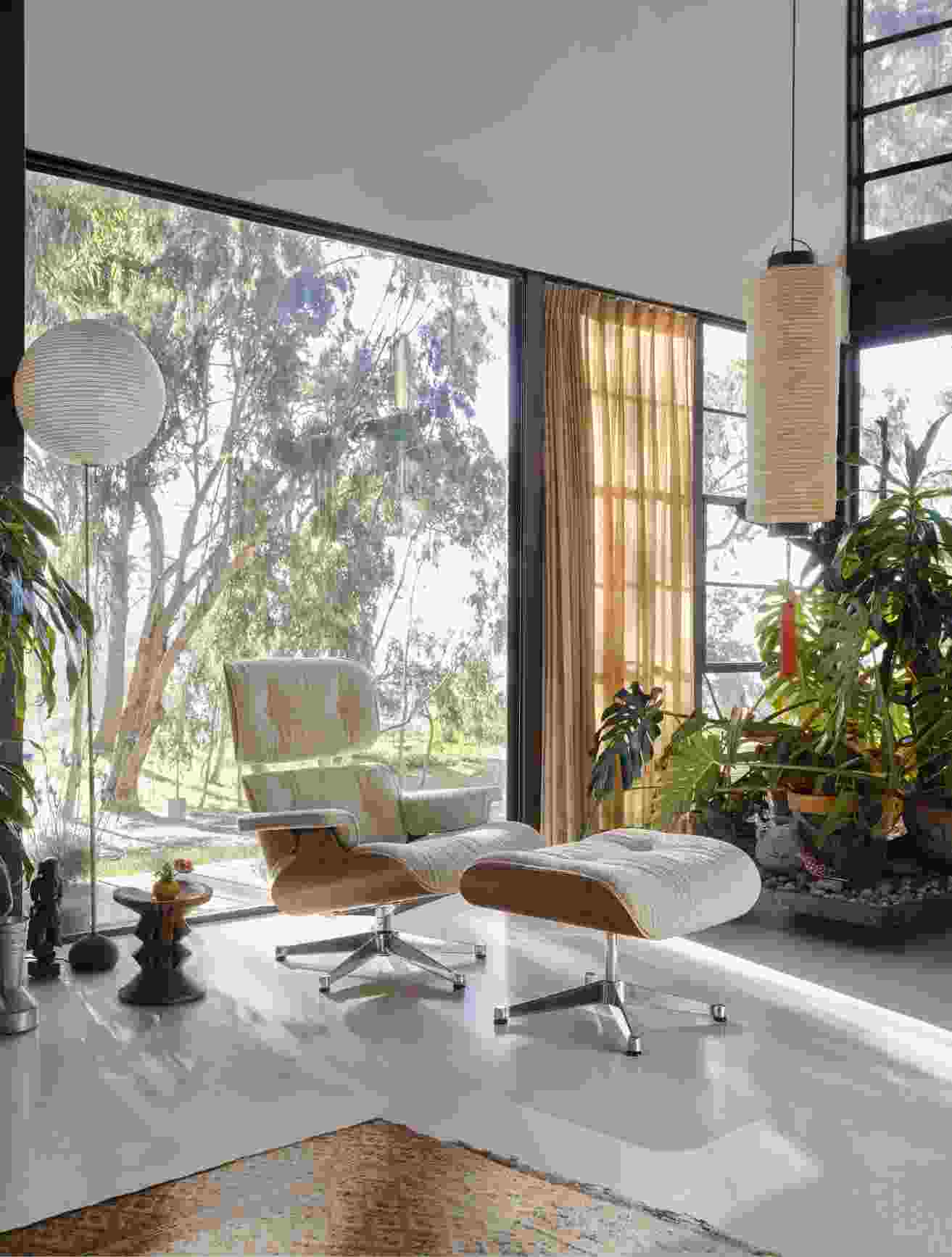 Eames Lounge Chair Sessel mit Hocker in hellem Leder und Holz vor Fensterfront.