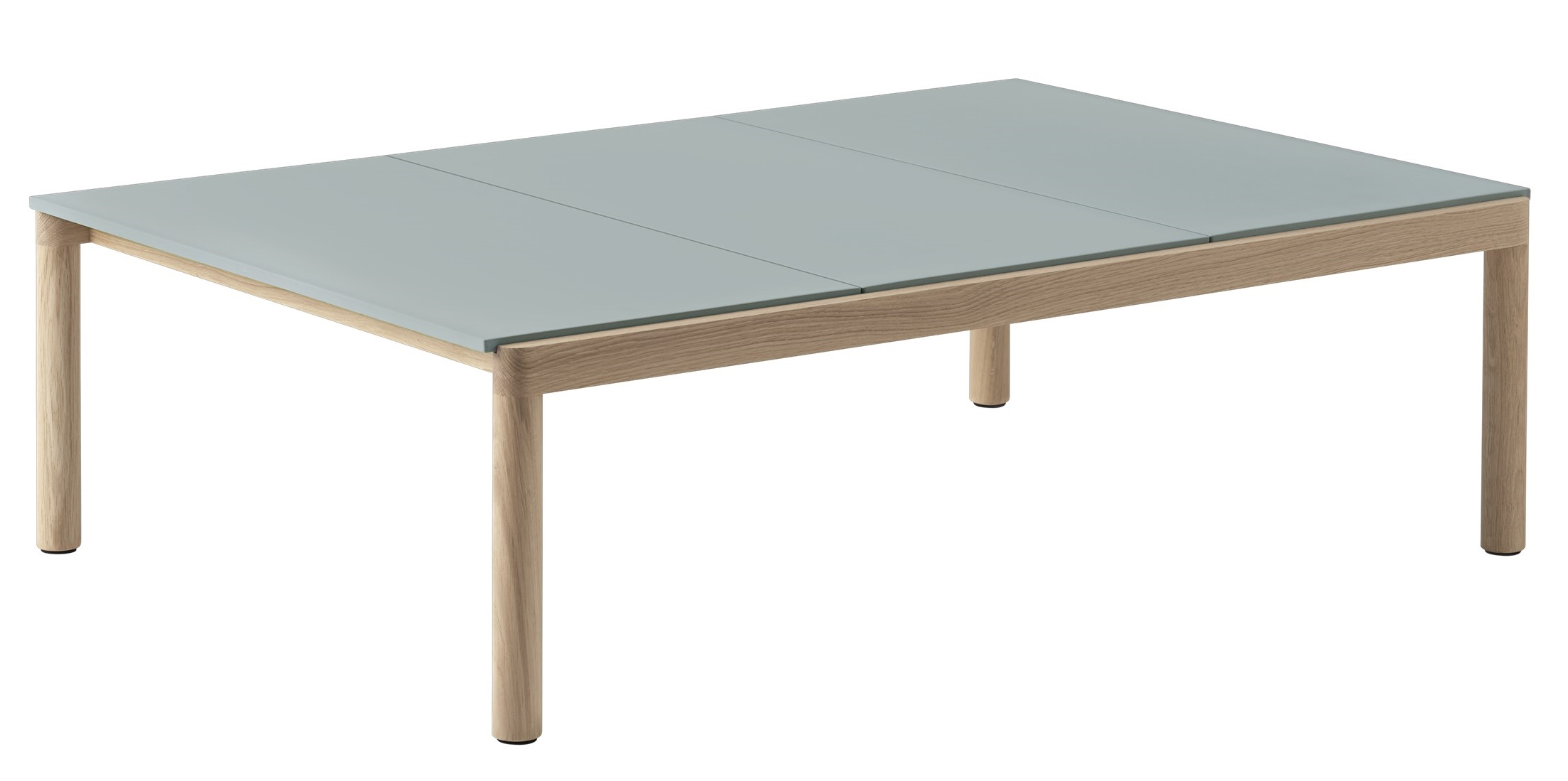 Muuto Couple Coffee Table Couchtisch mit hellblau-grauer Tischplatte und hellem Holzgestell, modernes Wohnzimmer Möbel.