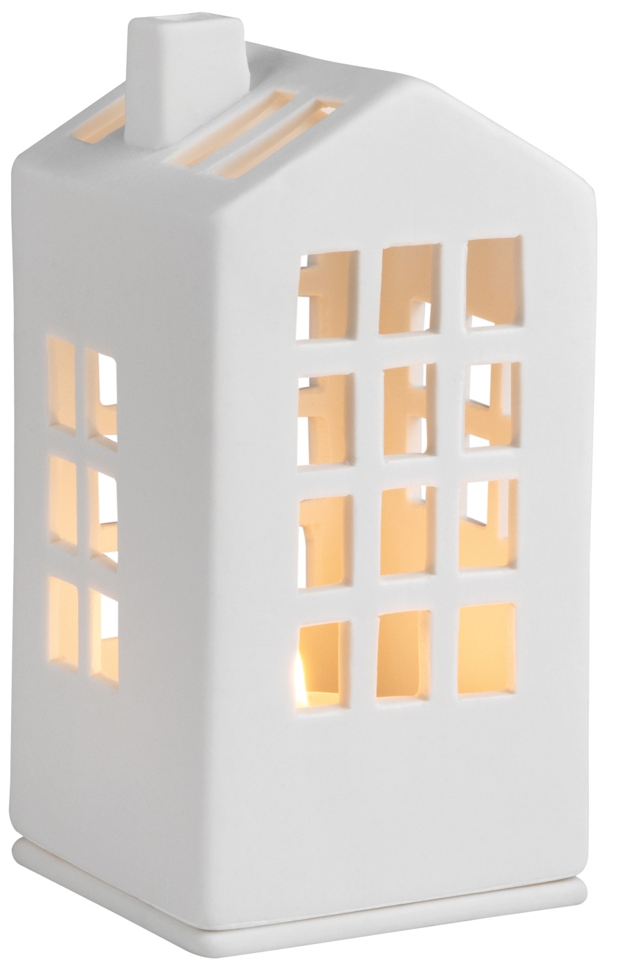 Weißes Mini Lichthaus Rathaus Räder, ein dekoratives Keramikhaus mit Fensteröffnungen und warmem Lichtschein.