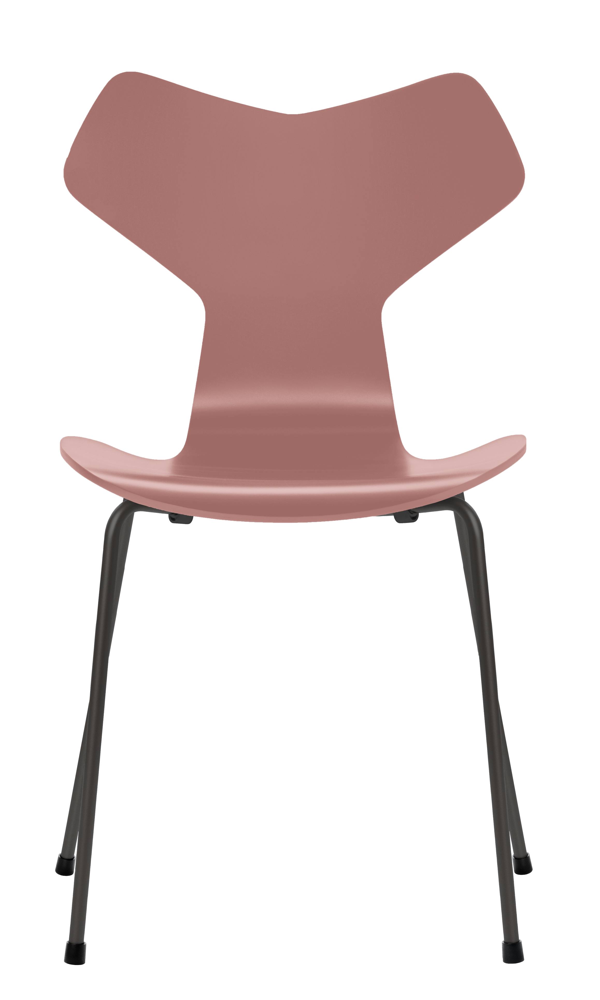 Grand Prix Stuhl von Fritz Hansen, rosafarbene Sitzschale mit schwarzen Metallbeinen, modernes Design für Esszimmer und Büro.