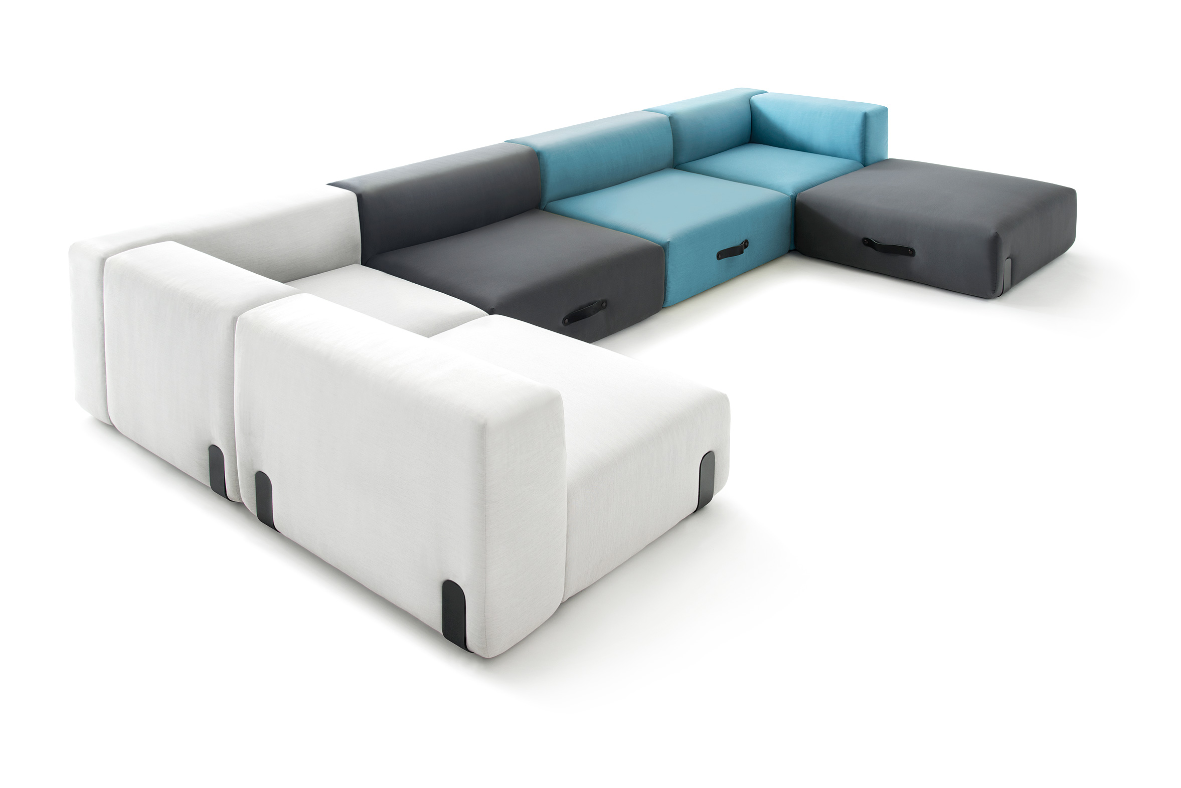Miami Outdoor Sofa Lounger in Taupe, Weiß, Grau und Blau, modulare Gartenmöbel für Terrasse.