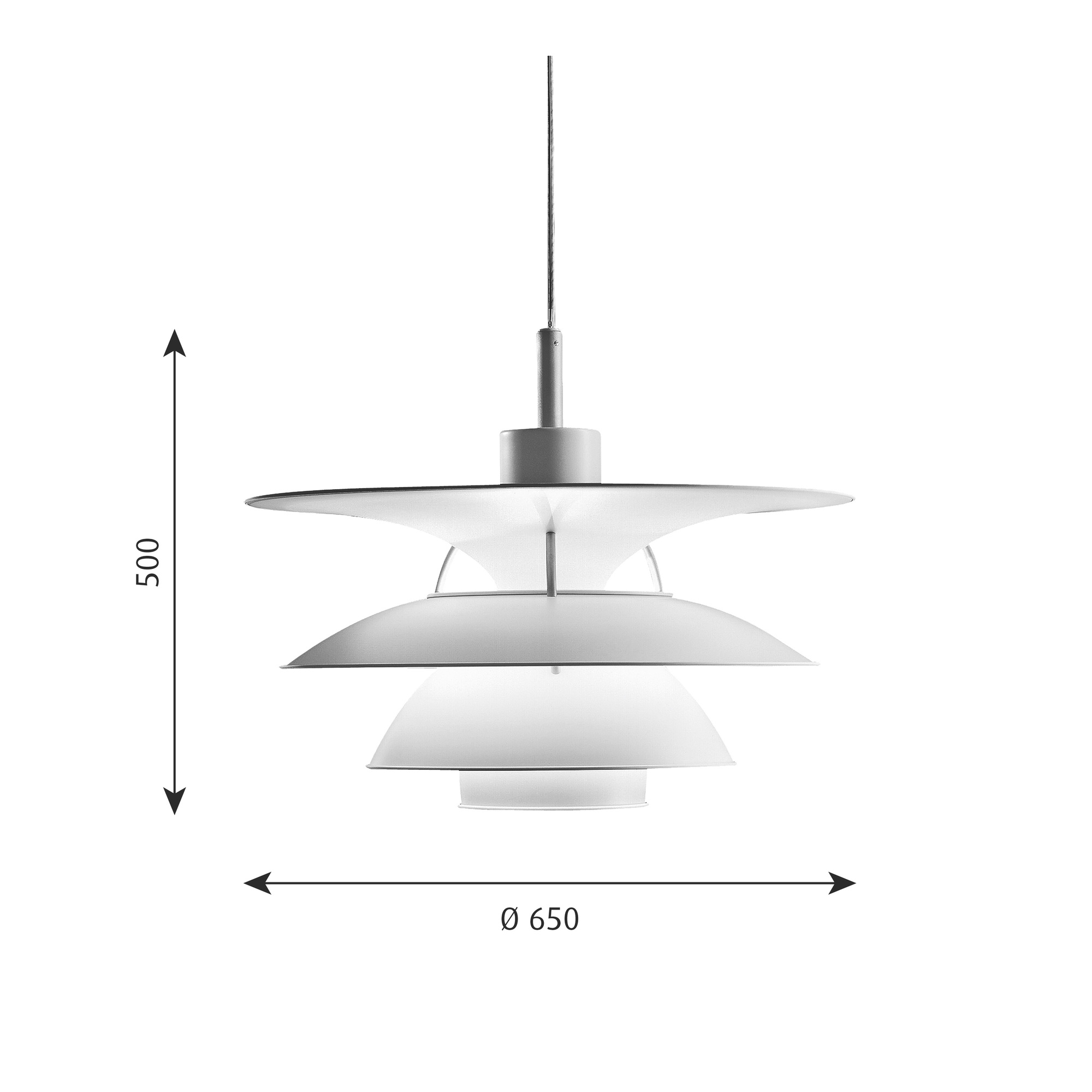 Weiße PH Pendelleuchte von Louis Poulsen, ikonisches Design für stilvolle Beleuchtung im Wohnraum.