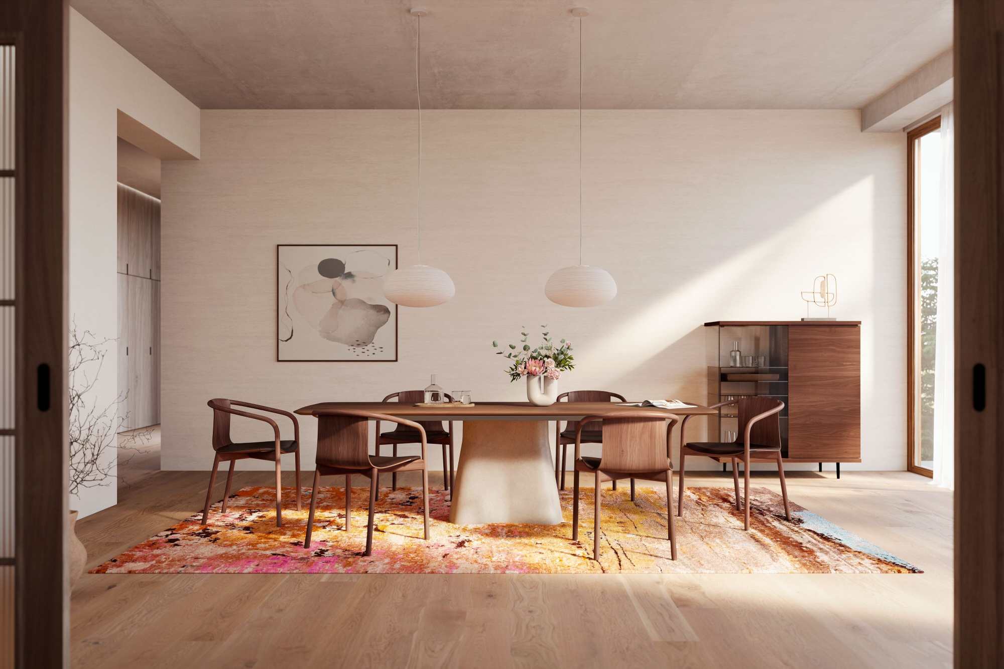 Osuu Chair Stuhl von Walter Knoll am Esstisch mit sechs Stühlen in modernem Esszimmer.