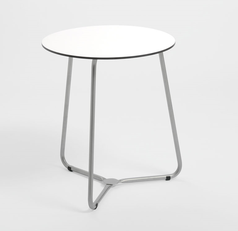 Weishäupl Balcony Bistrotisch mit weißer Tischplatte und Edelstahlgestell, ideal für kleine Balkone.