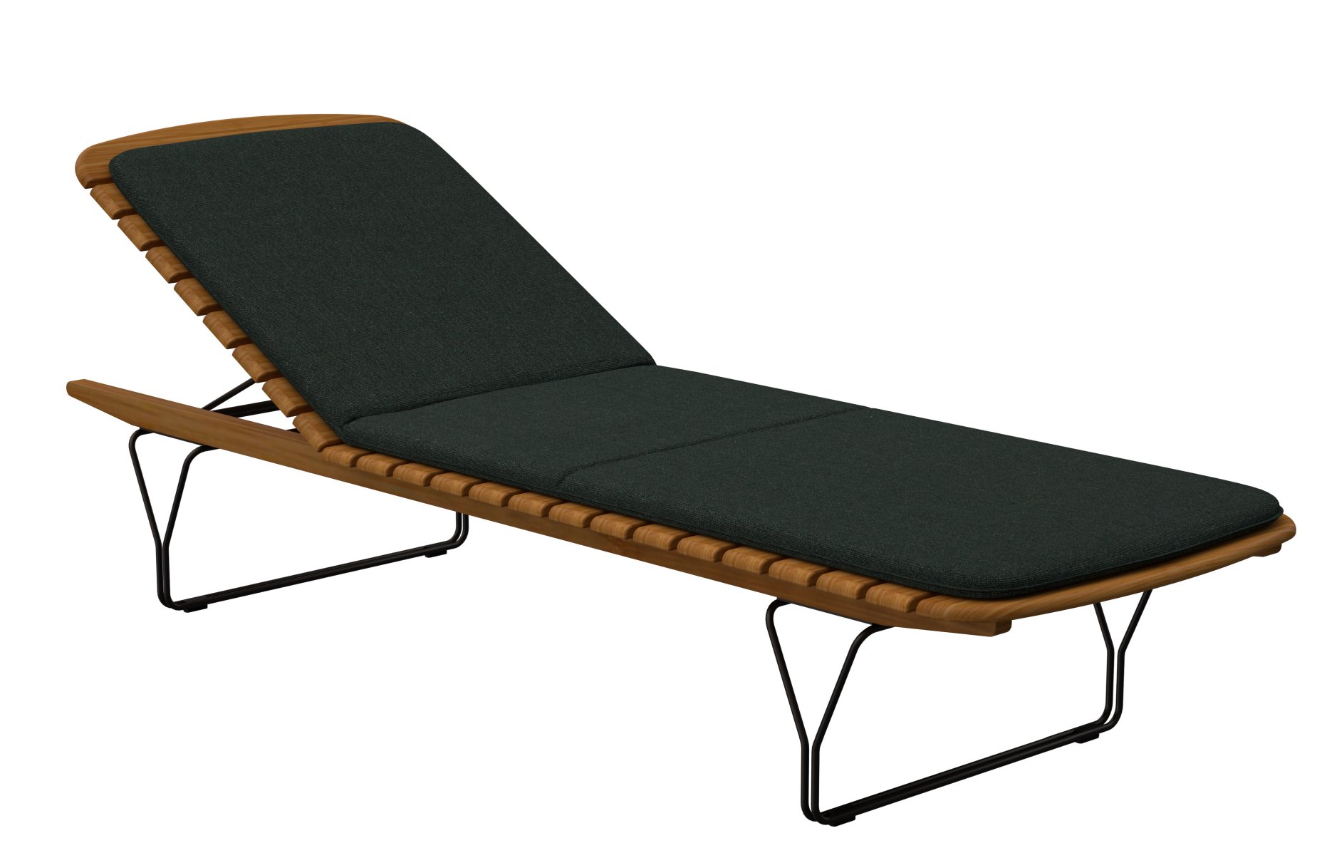 Molo Outdoor Cushion Kissen für Houe Sonnenliege, graues Polster auf Holzliege mit schwarzem Metallgestell.