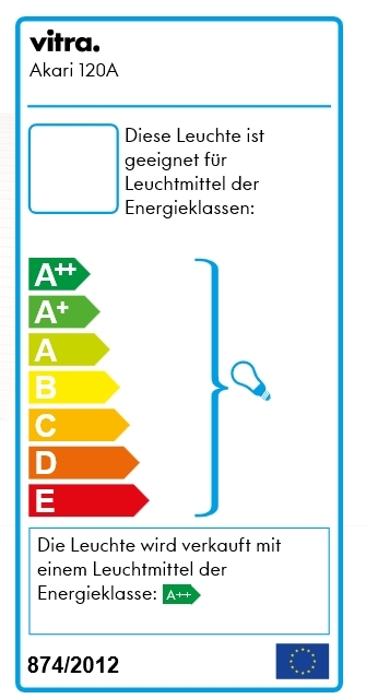 Energieeffizienzlabel der Vitra Akari Pendelleuchte, geeignet für Leuchtmittel der Energieklassen A++ bis E.