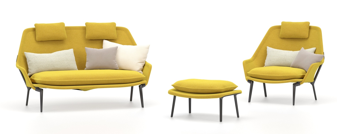 Vitra Slow Chair und Ottoman in Gelb, moderner Sessel mit Hocker und Kissen.