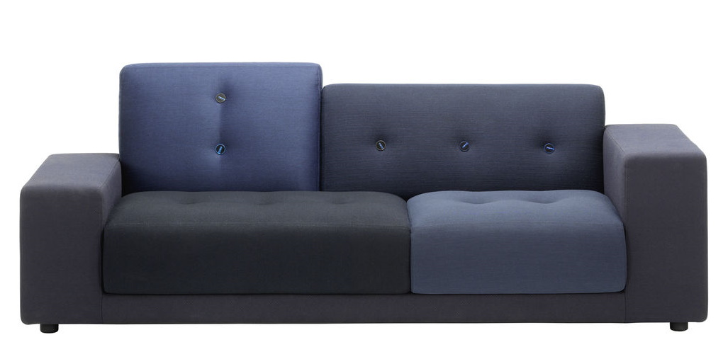 Vitra Polder Compact Sofa in verschiedenen Blautönen, modernes Design Sofa mit Knöpfen.