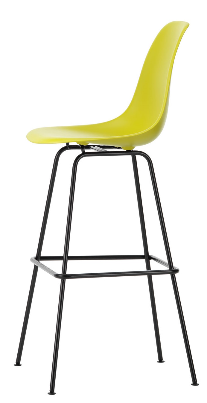 Vitra Eames Plastic Bar Stool Barhocker High in Gelb mit schwarzem Metallgestell.