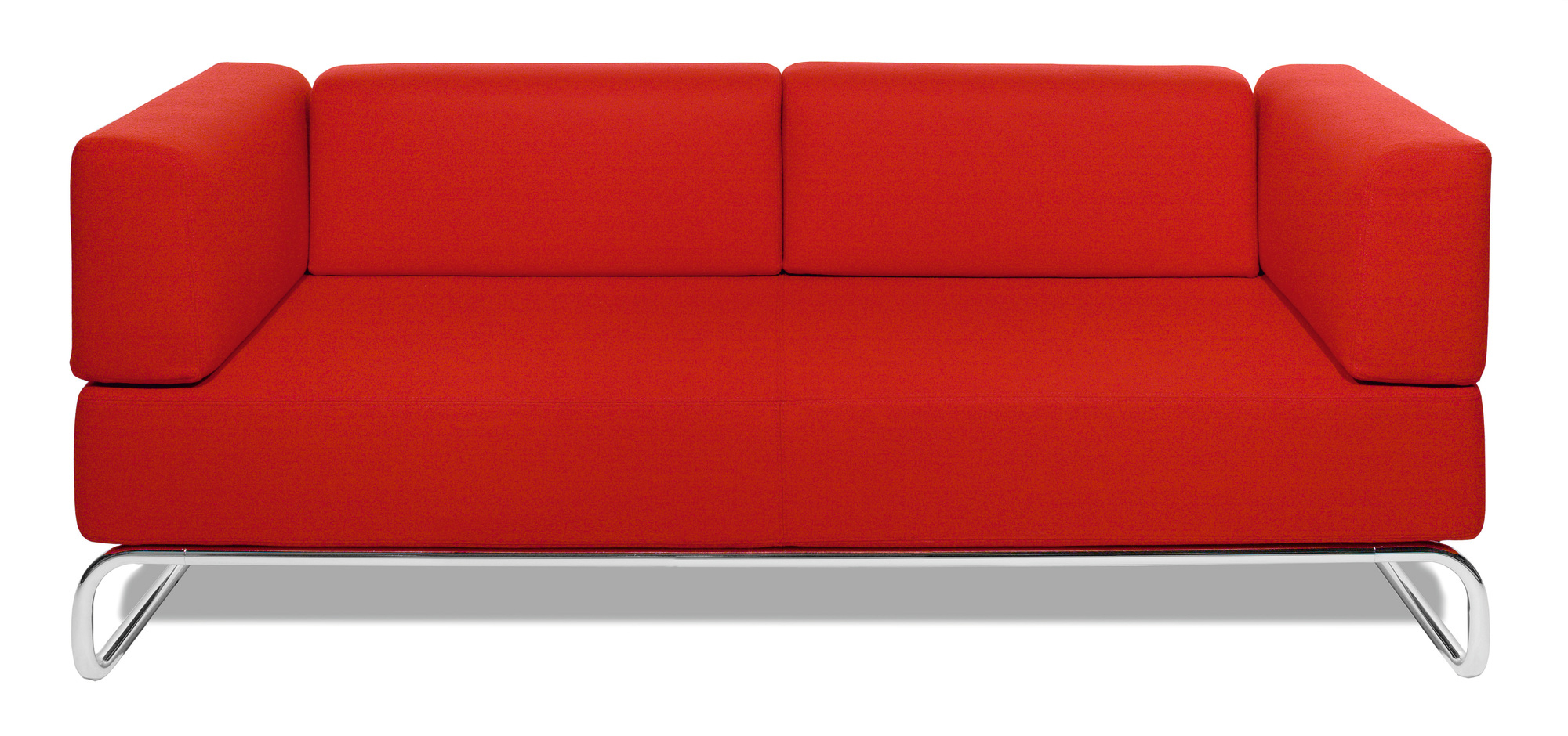 Rotes Thonet S 5100 Sofa mit niedriger Rückenlehne und verchromtem Stahlrohrgestell, modernes Design für Wohnzimmer.