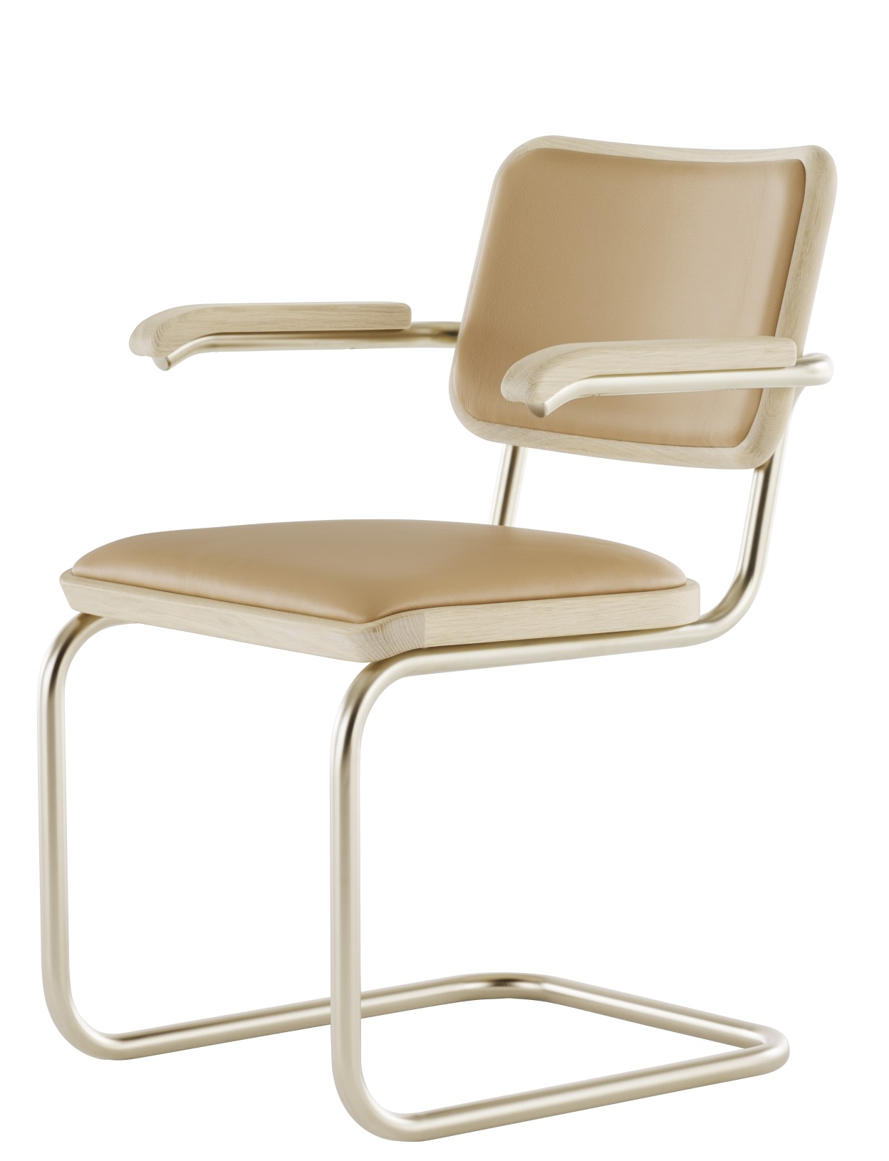 JS. Thonet S 64 P Freischwinger mit Armlehnen, beige Lederpolsterung und Stahlrohrgestell, modernes Möbeldesign.