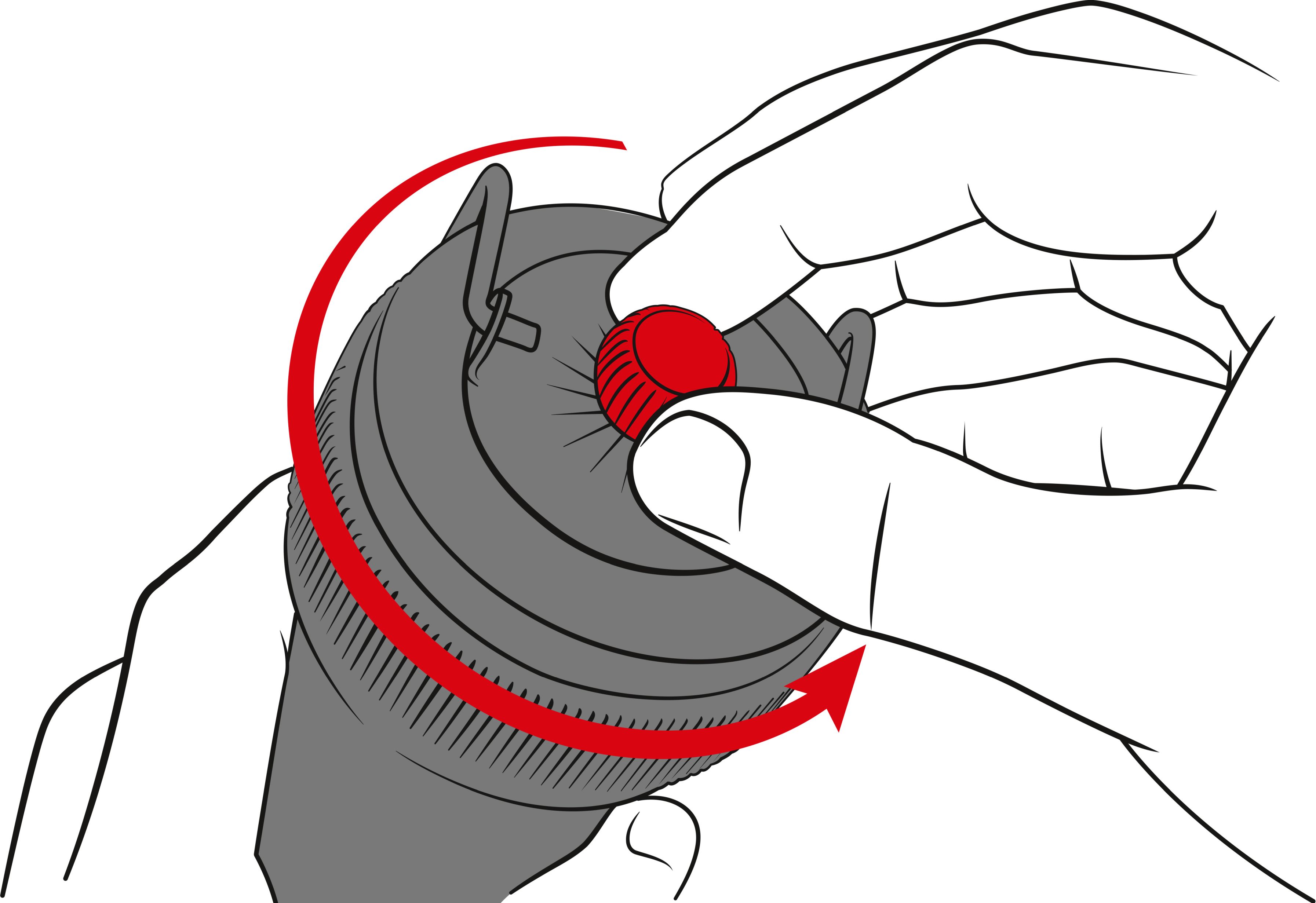 Illustration einer Hand, die den roten Knopf einer Peugeot BBQ Pfeffermühle im Freien dreht.