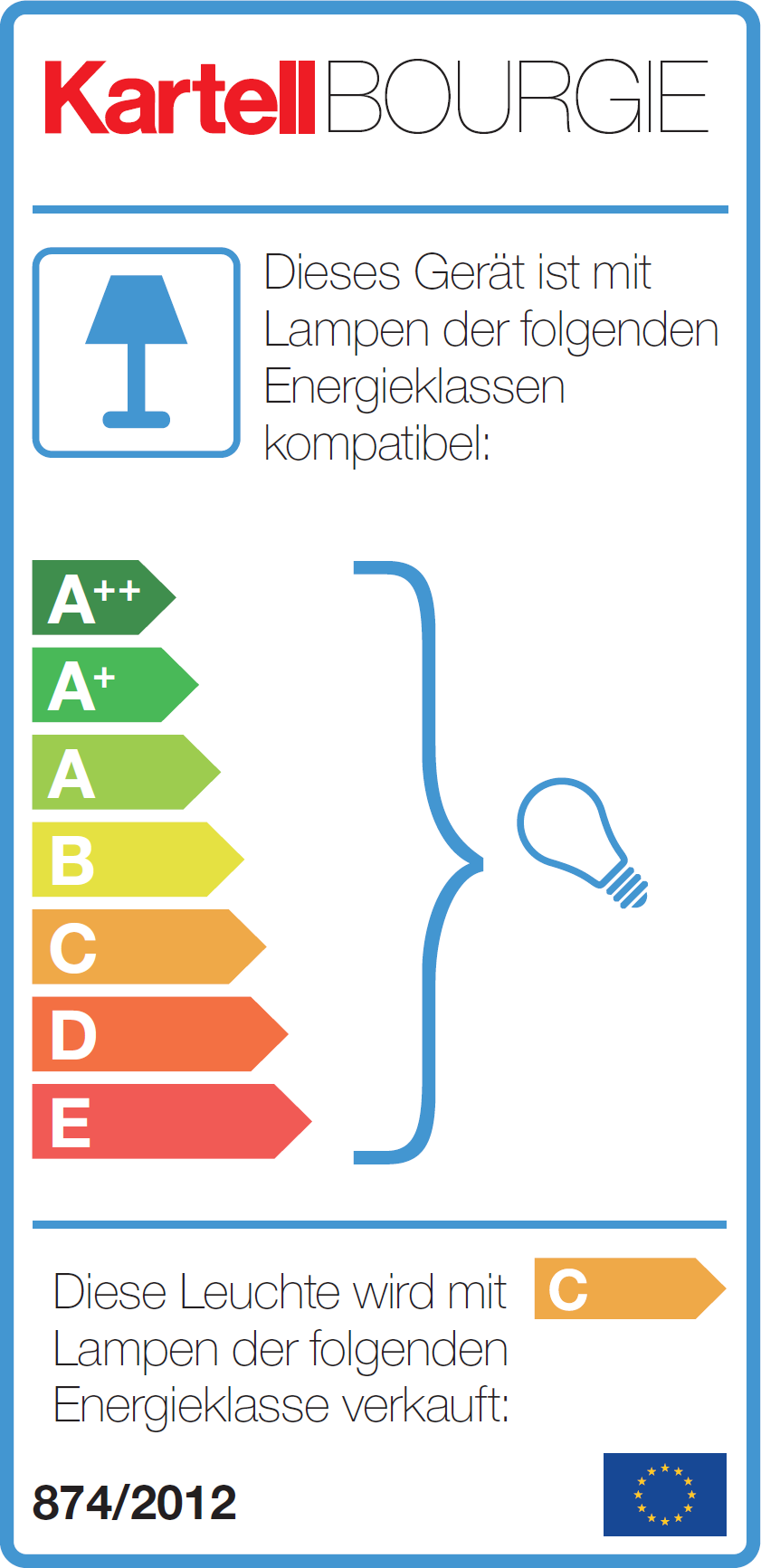 Energieeffizienzlabel der Kartell Bourgie Tischleuchte, kompatible Lampen von A++ bis E.