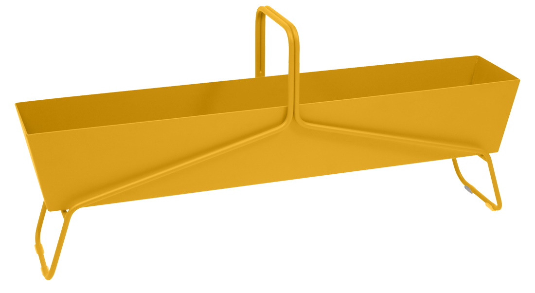 Gelber, langer Basket Blumenkasten von Fermob aus Metall mit Tragegriff und filigranem Gestell.